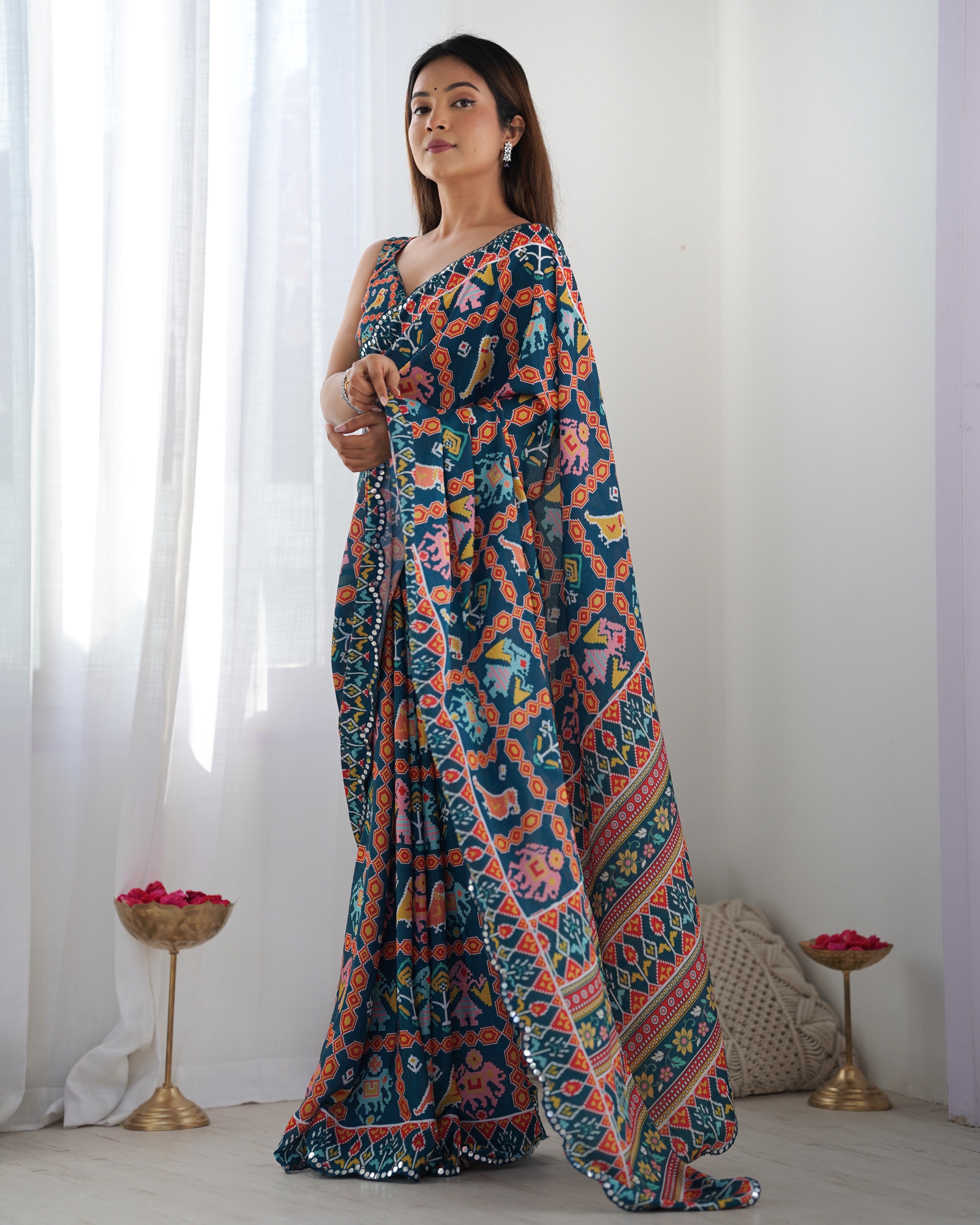 TRENDBUY DVS-12 Heavy Chinnon Saree: vibrant print & intricate Kutchi mirror work lace border