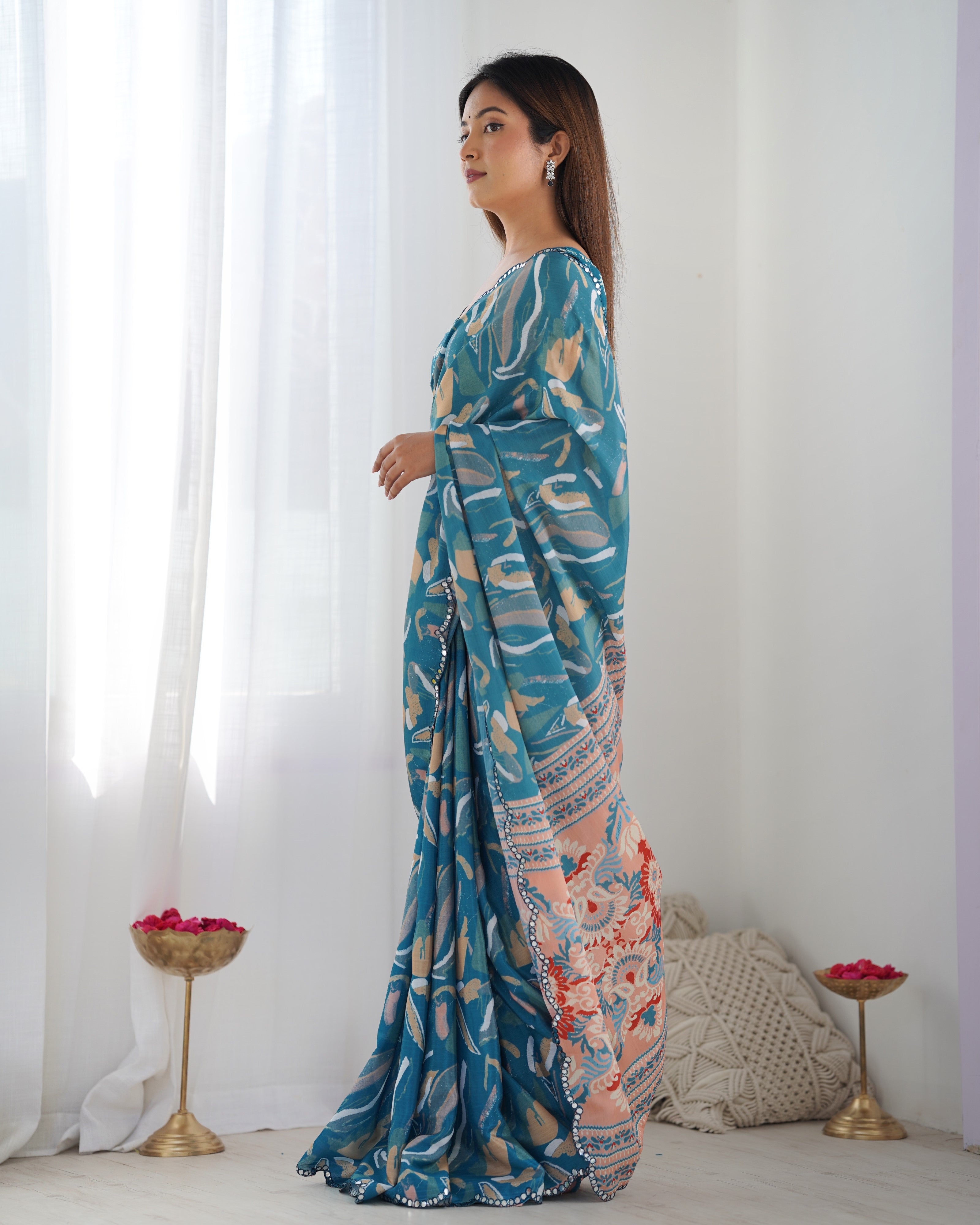 TRENDBUY Exclusive Heavy Chinnon Saree with Kutchi Mirror Lace and Print Work