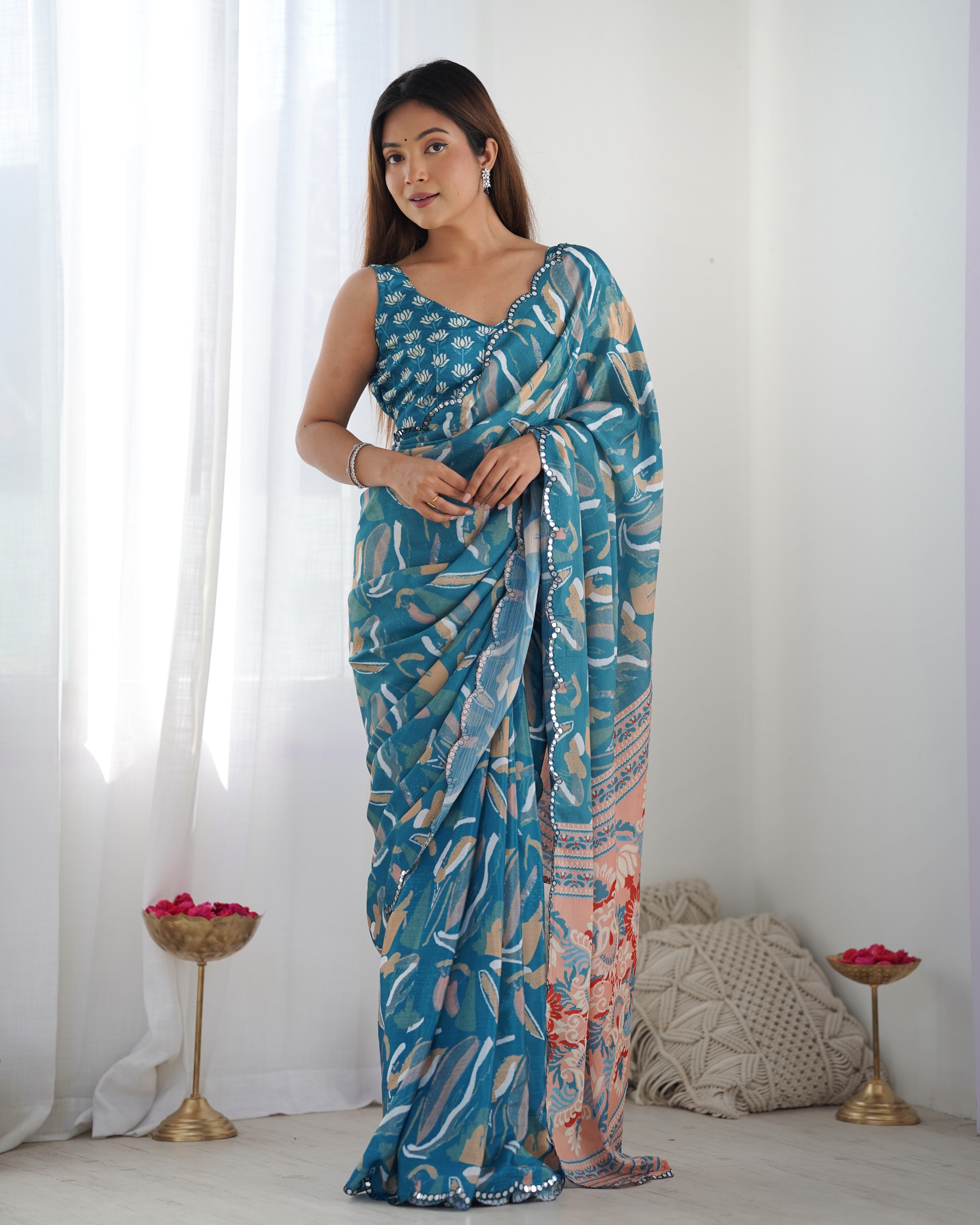 TRENDBUY Exclusive Heavy Chinnon Saree with Kutchi Mirror Lace & Print Work