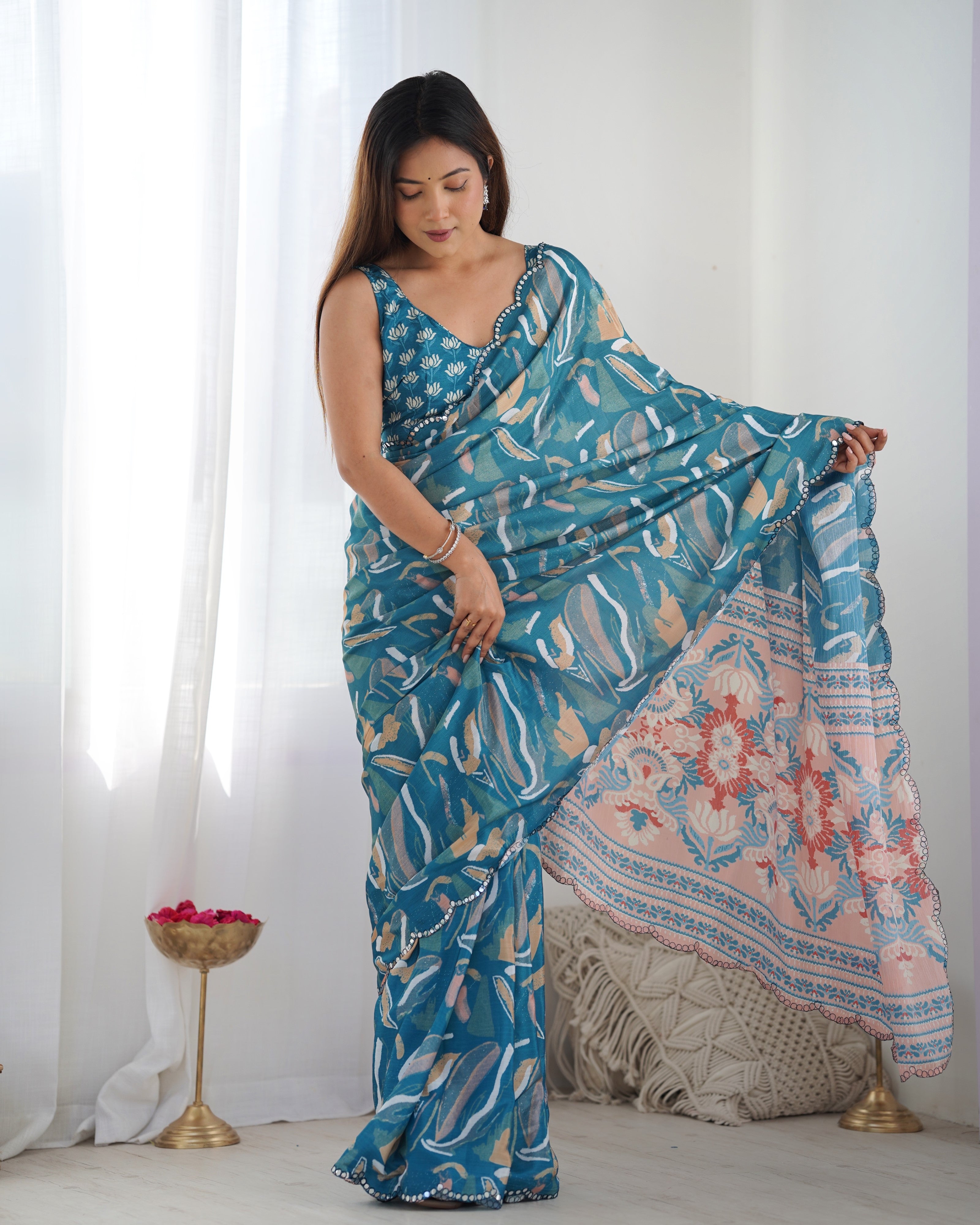 TRENDBUY Exclusive Heavy Chinnon Saree featuring intricate Kutchi mirror lace and detailed print work