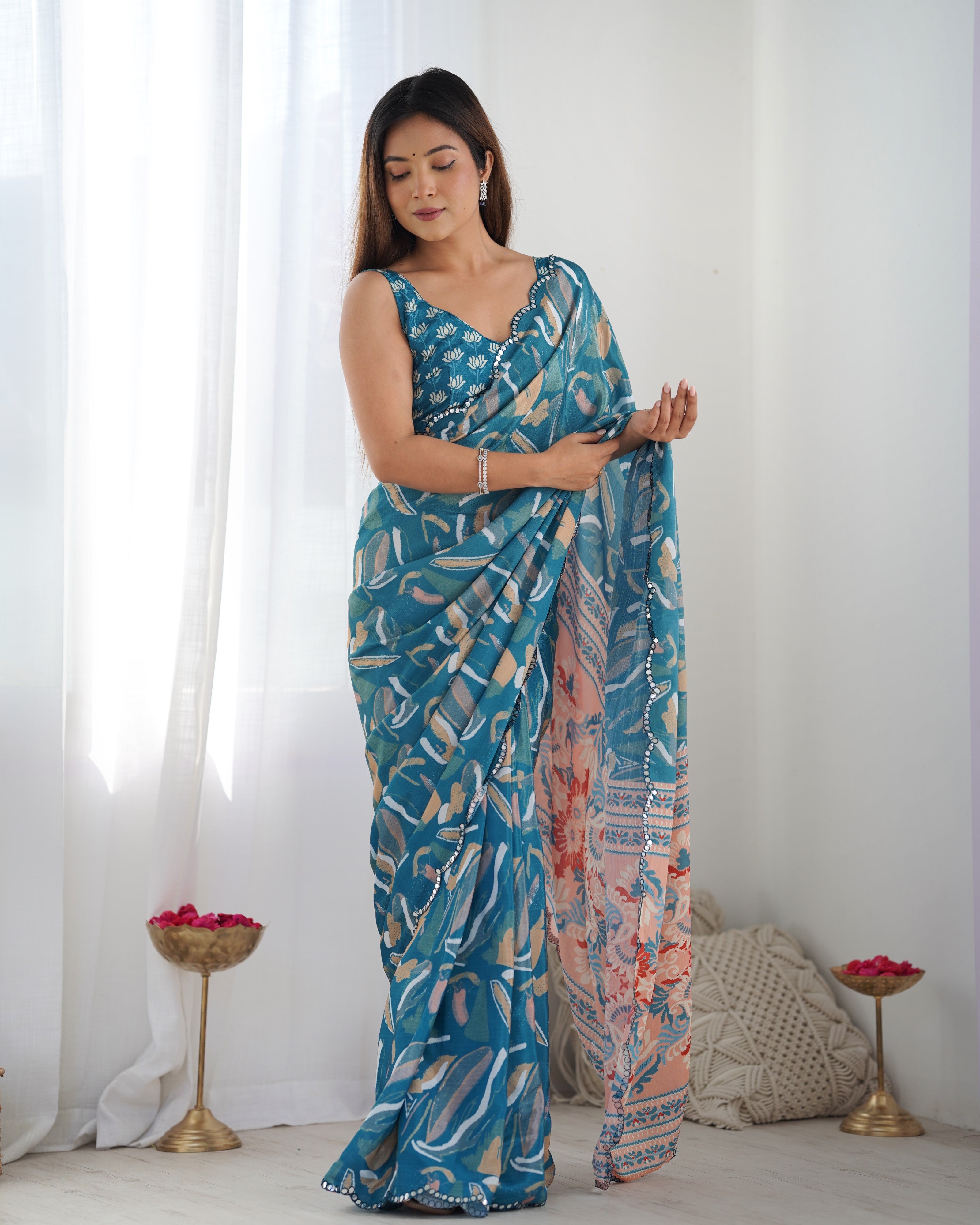 TRENDBUY Exclusive Heavy Chinnon Saree featuring Kutchi mirror lace and beautiful print work.