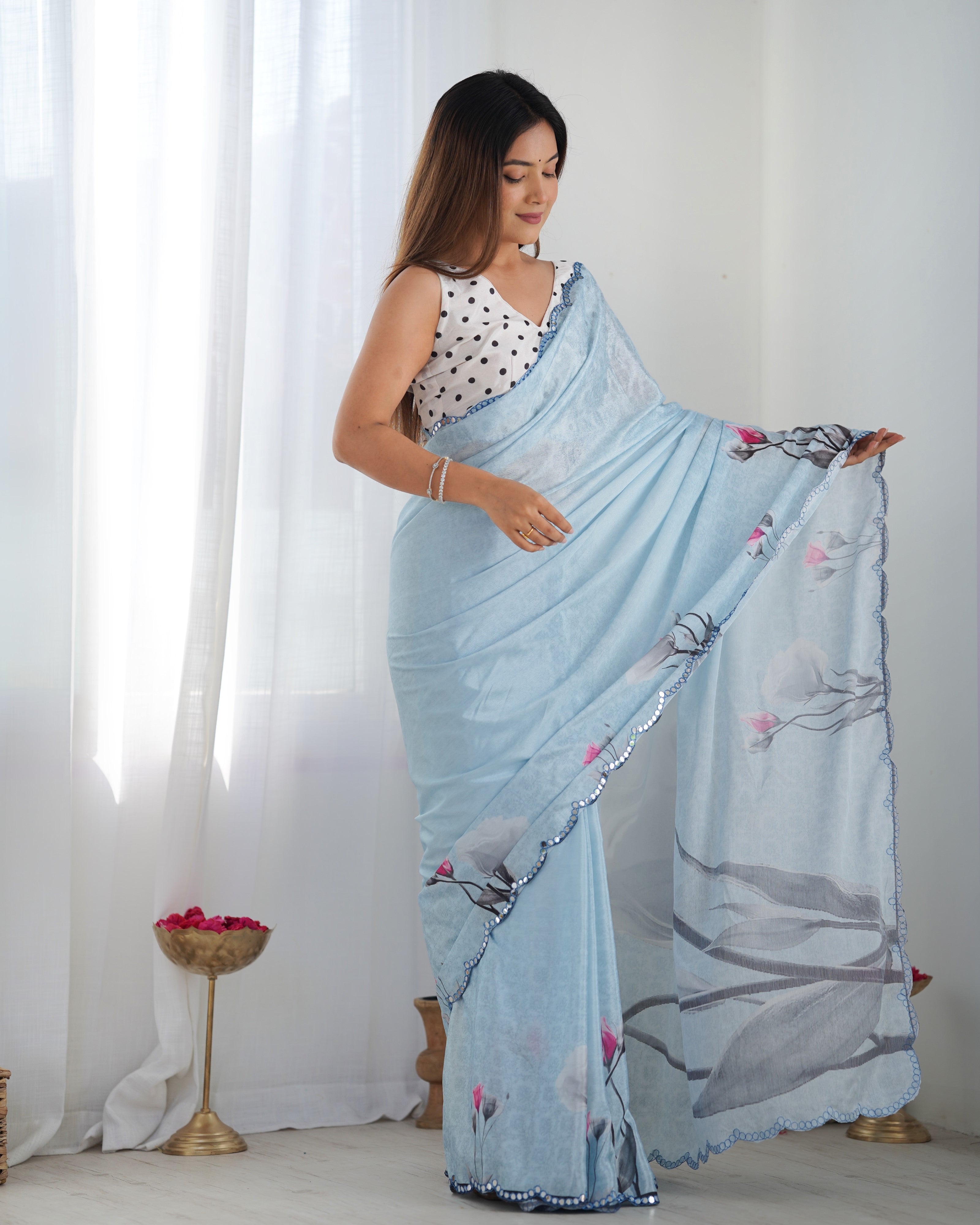 TRENDBUY DVS-14 Heavy Chinnon Saree with Elegant Print & Kutchi Mirror Work Lace