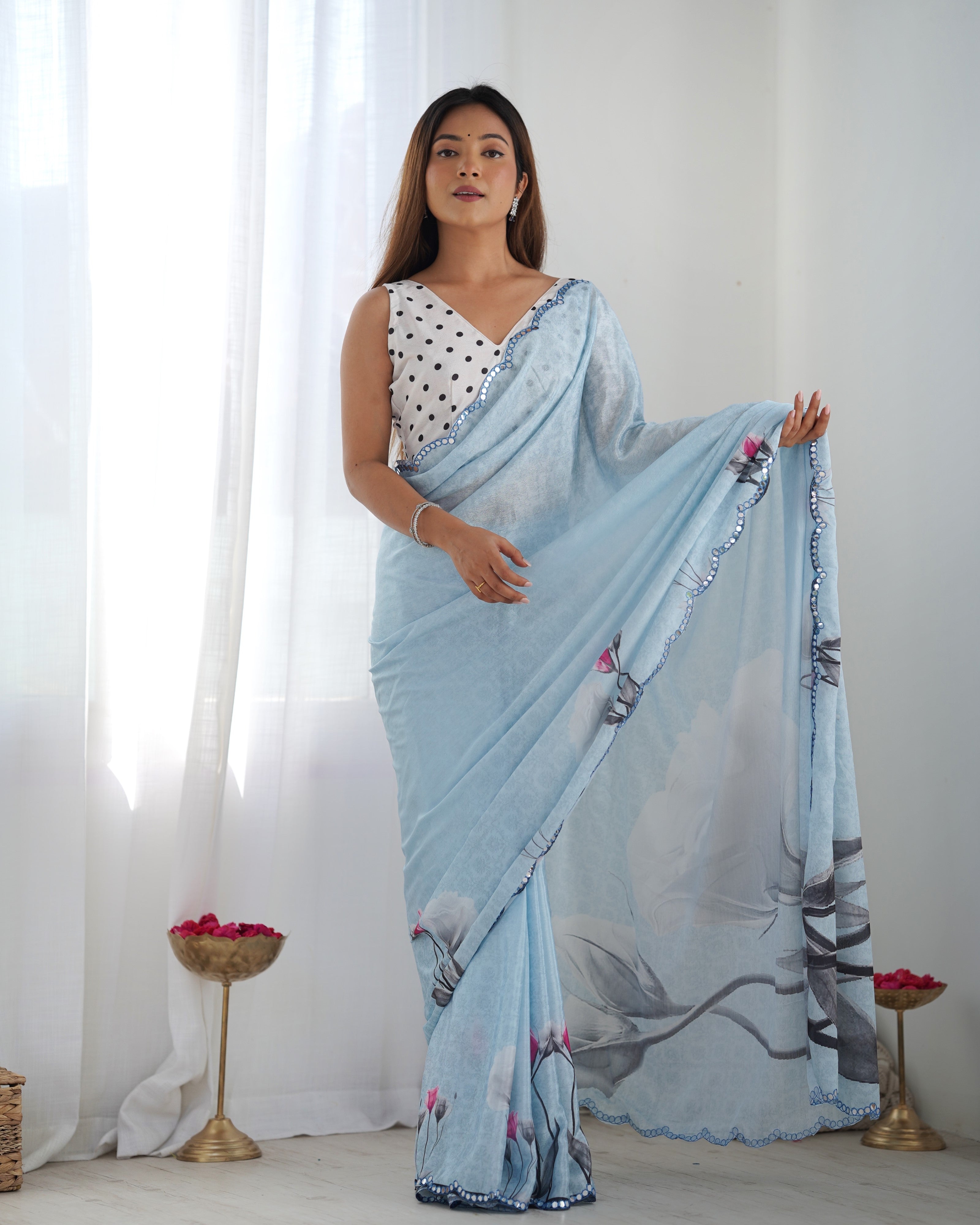 TRENDBUY DVS-14 Heavy Chinnon Saree showcasing elegant print and intricate Kutchi mirror work.