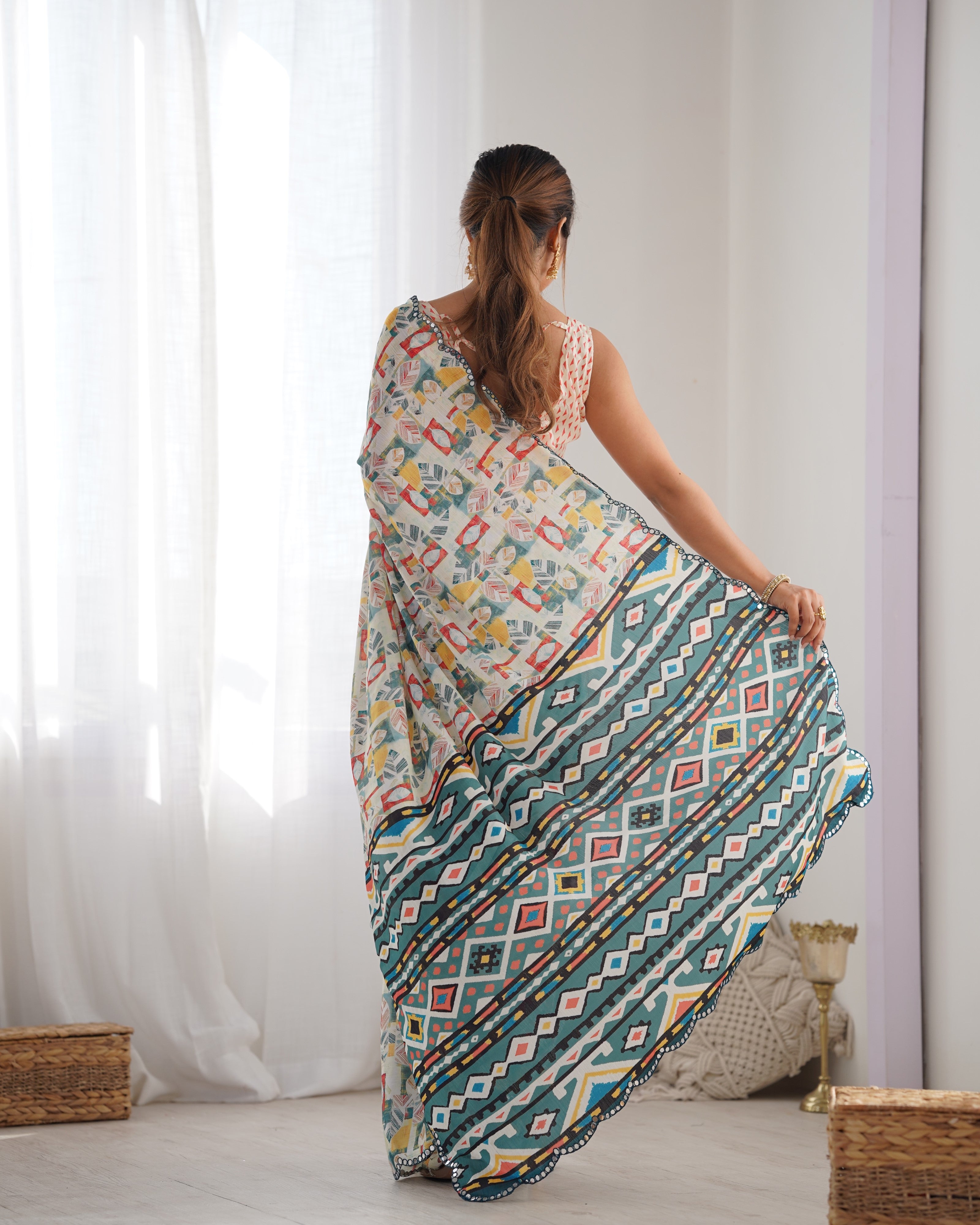 TRENDBUY Heavy Chinnon Saree with Kutchi work and mirror lace border