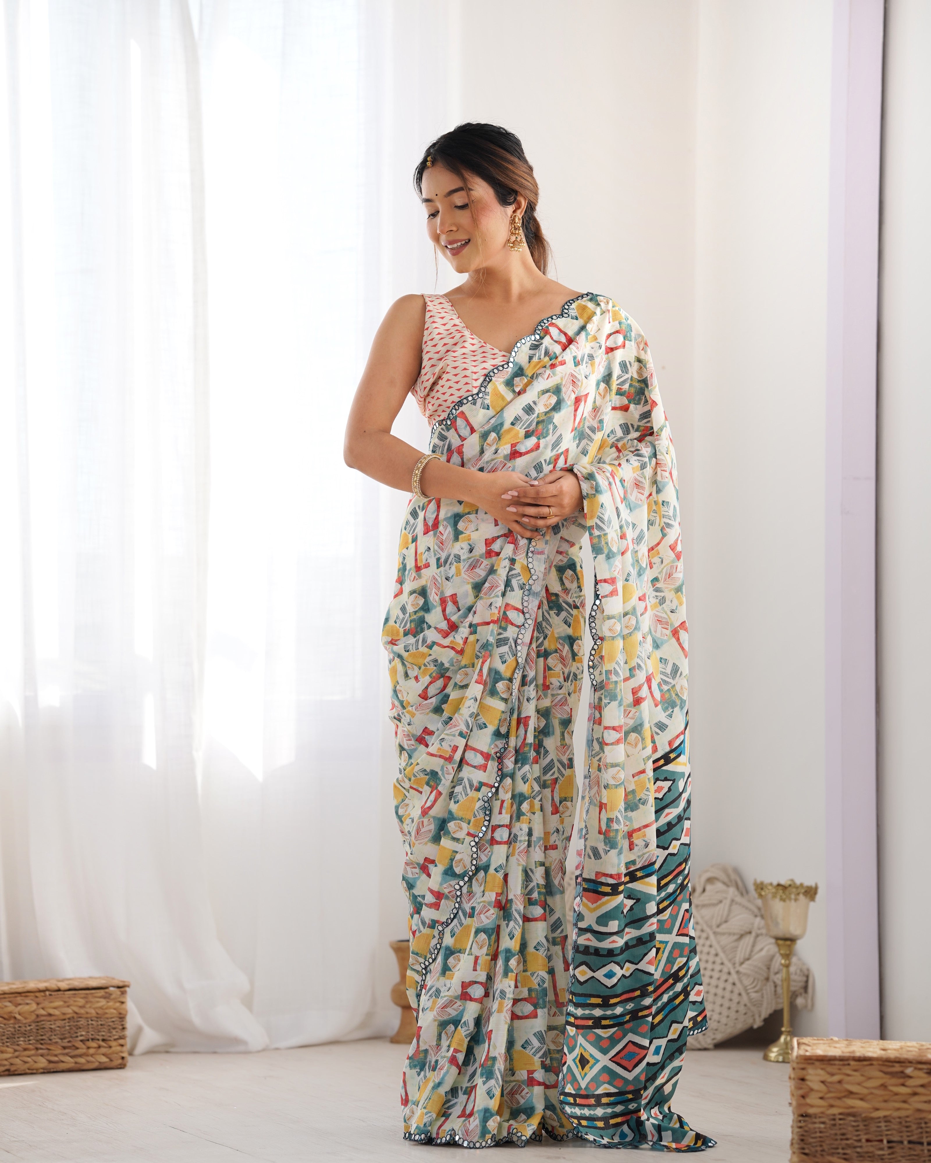 Heavy Chinnon Saree with Kutchi work and mirror lace border