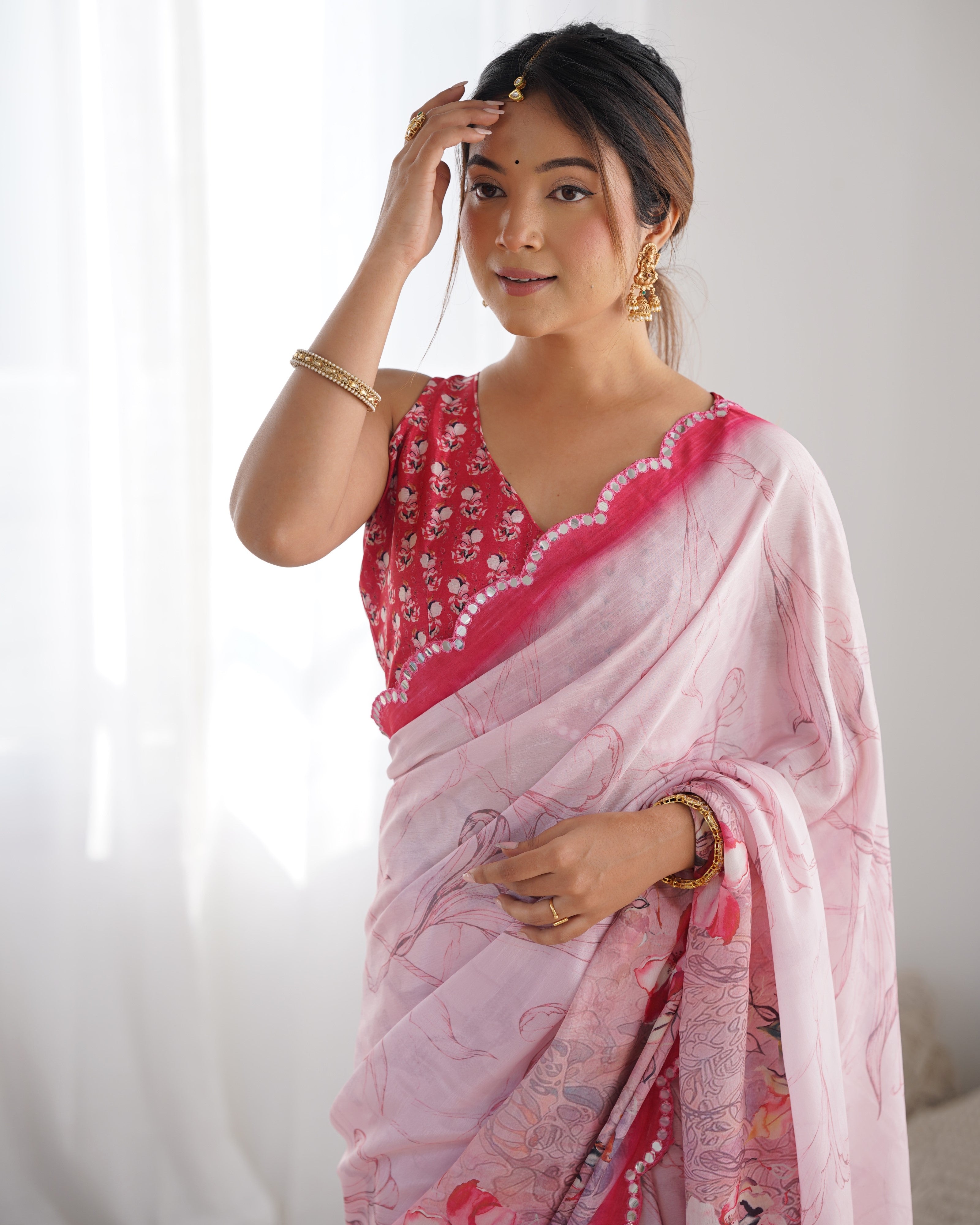 Elegant Heavy Chinnon Saree with Kutchi Mirror Work & Floral Print Blouse