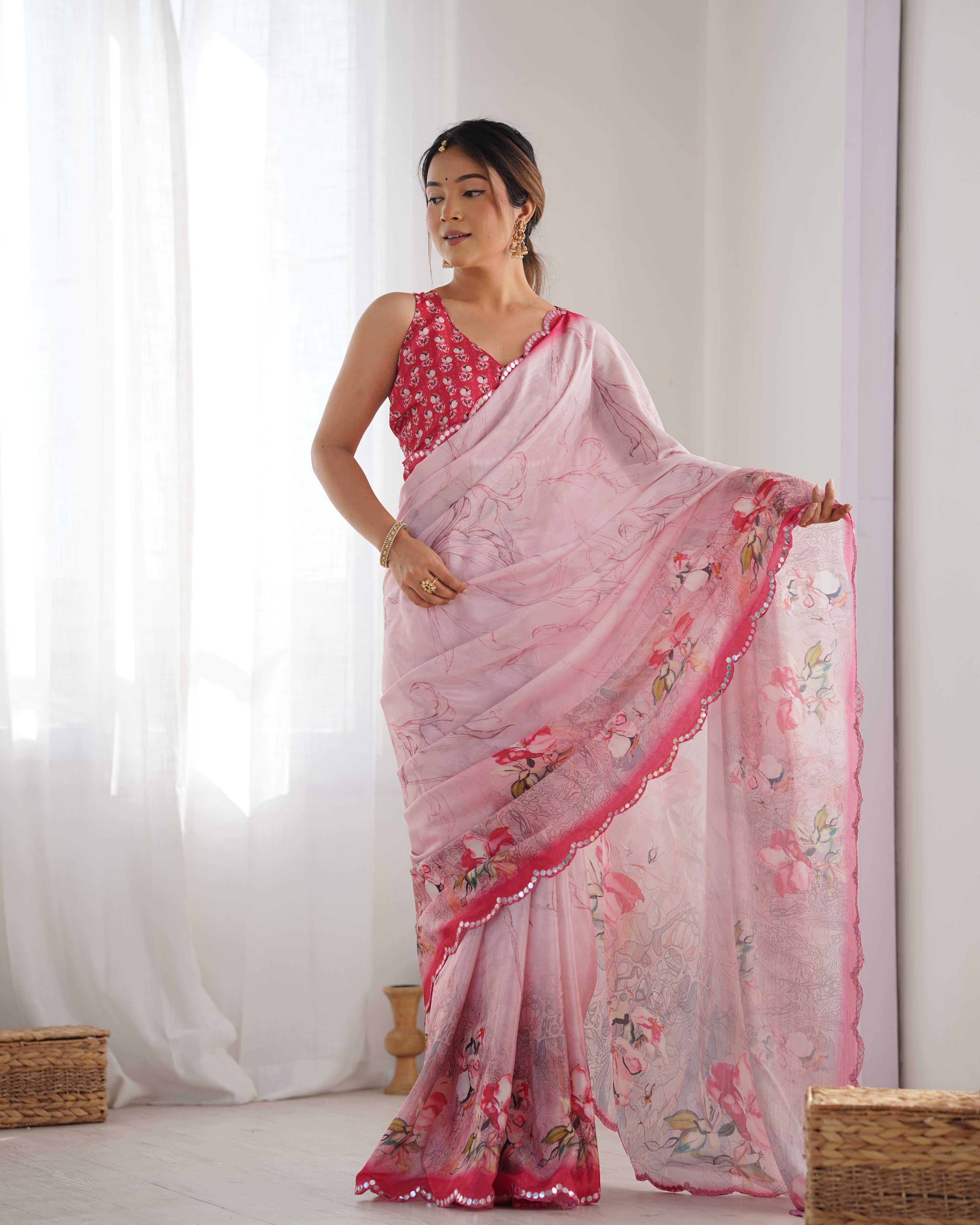 Elegant Heavy Chinnon Saree with Kutchi Mirror Work and Floral Print Blouse
