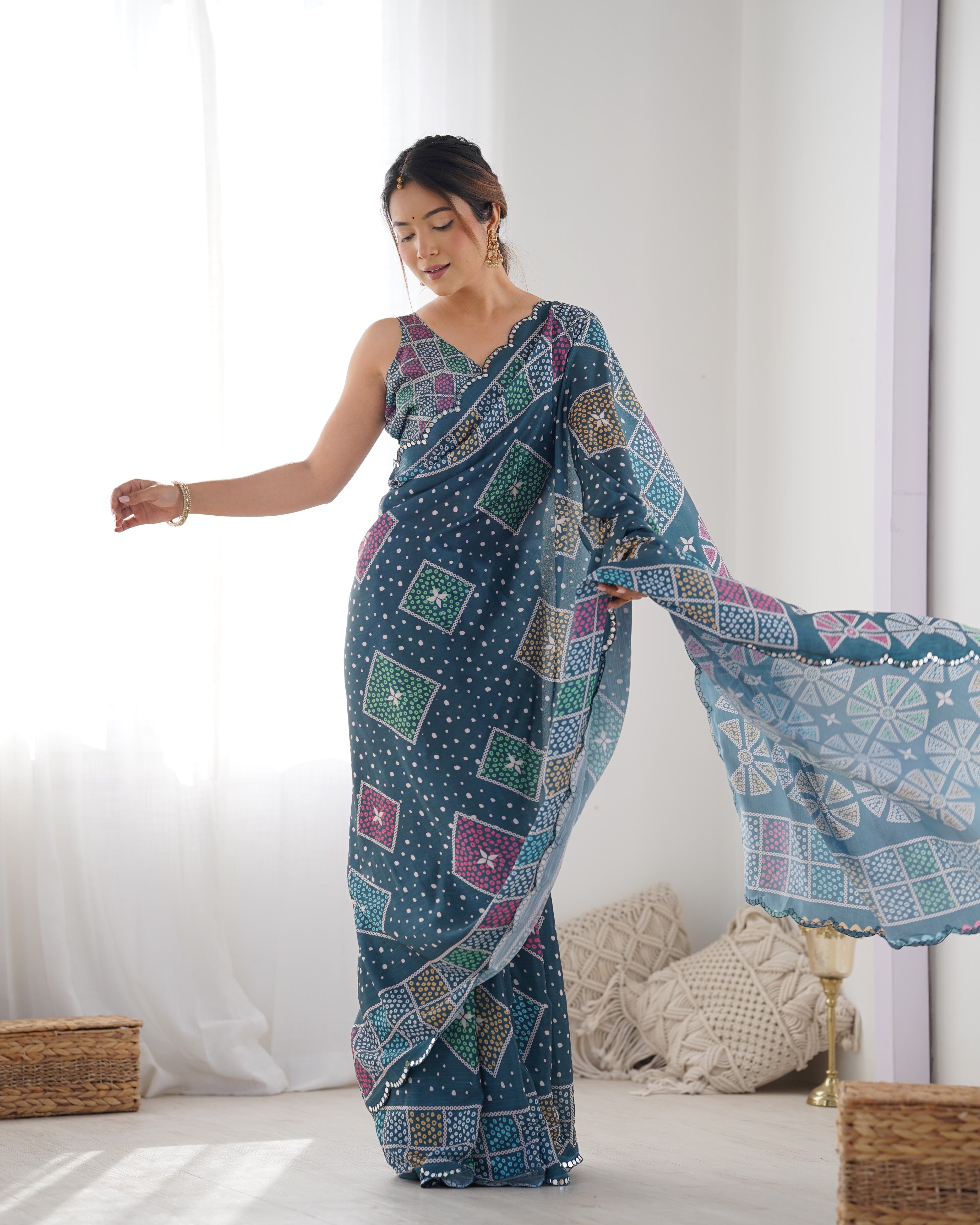 Elegant Teal Heavy Chinnon Saree with Kutchi Mirror Work Lace Border