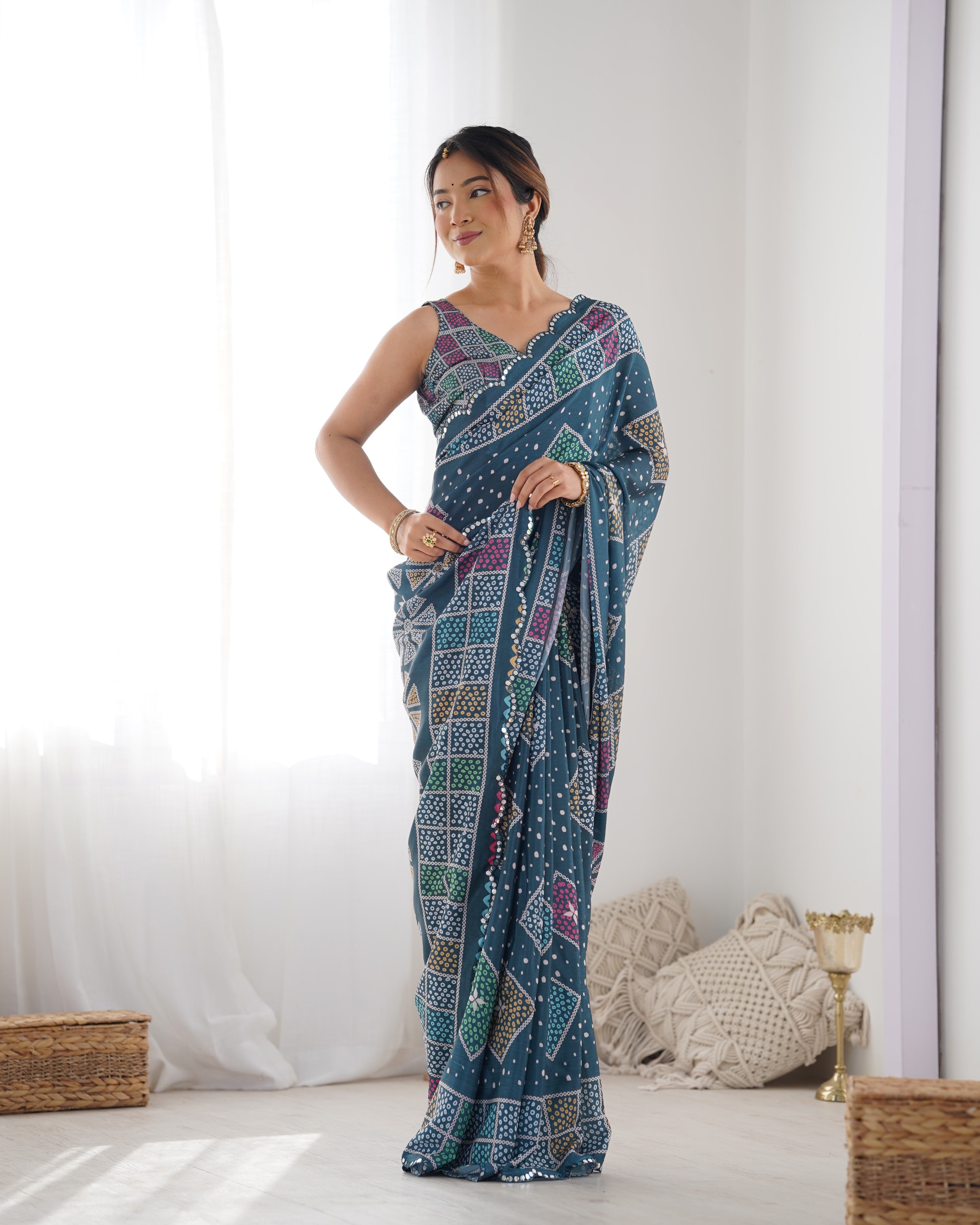 Elegant Teal Heavy Chinnon Saree with Kutchi Mirror Work Lace Border