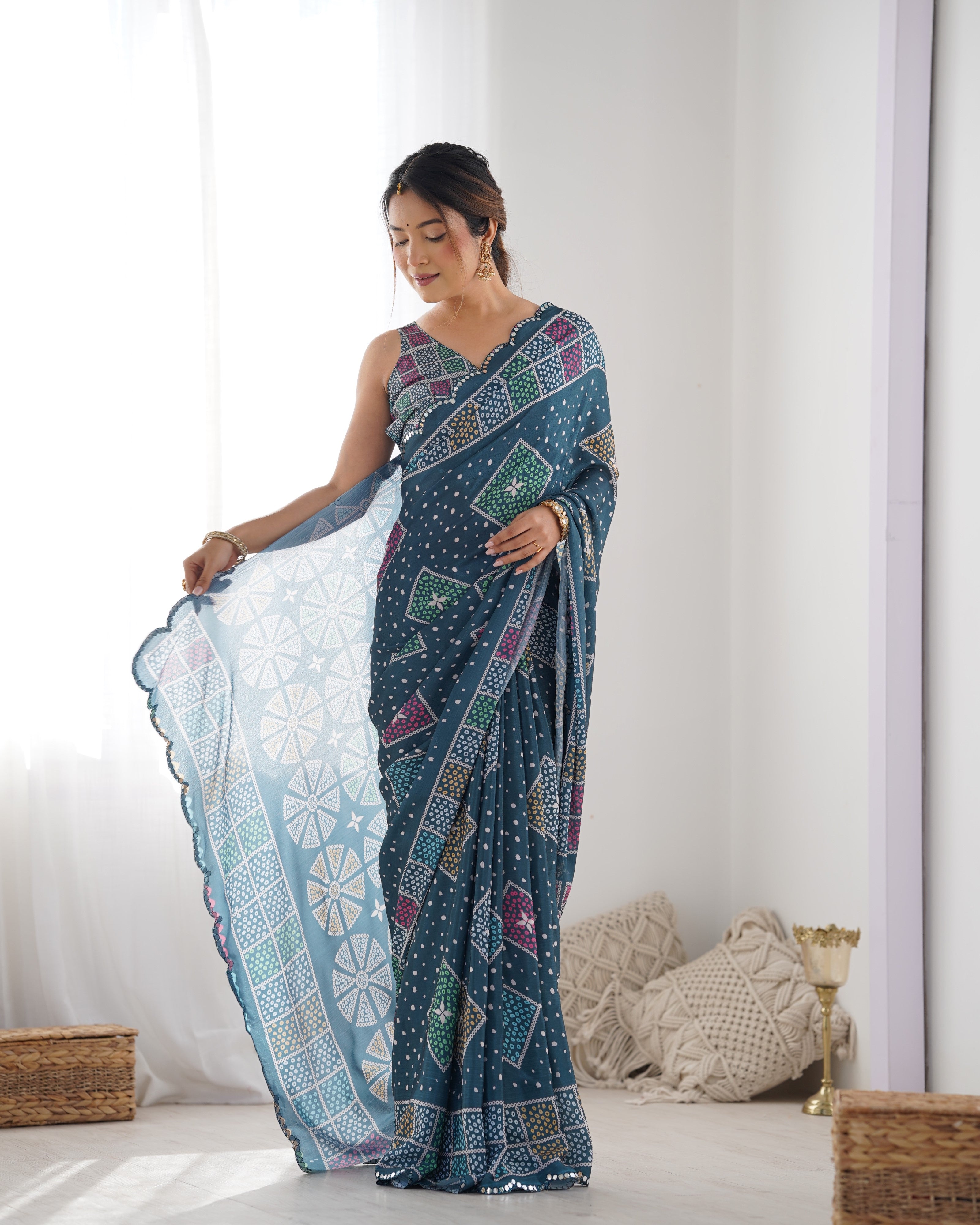 Elegant Teal Heavy Chinnon Saree with Kutchi Mirror Work Lace Border