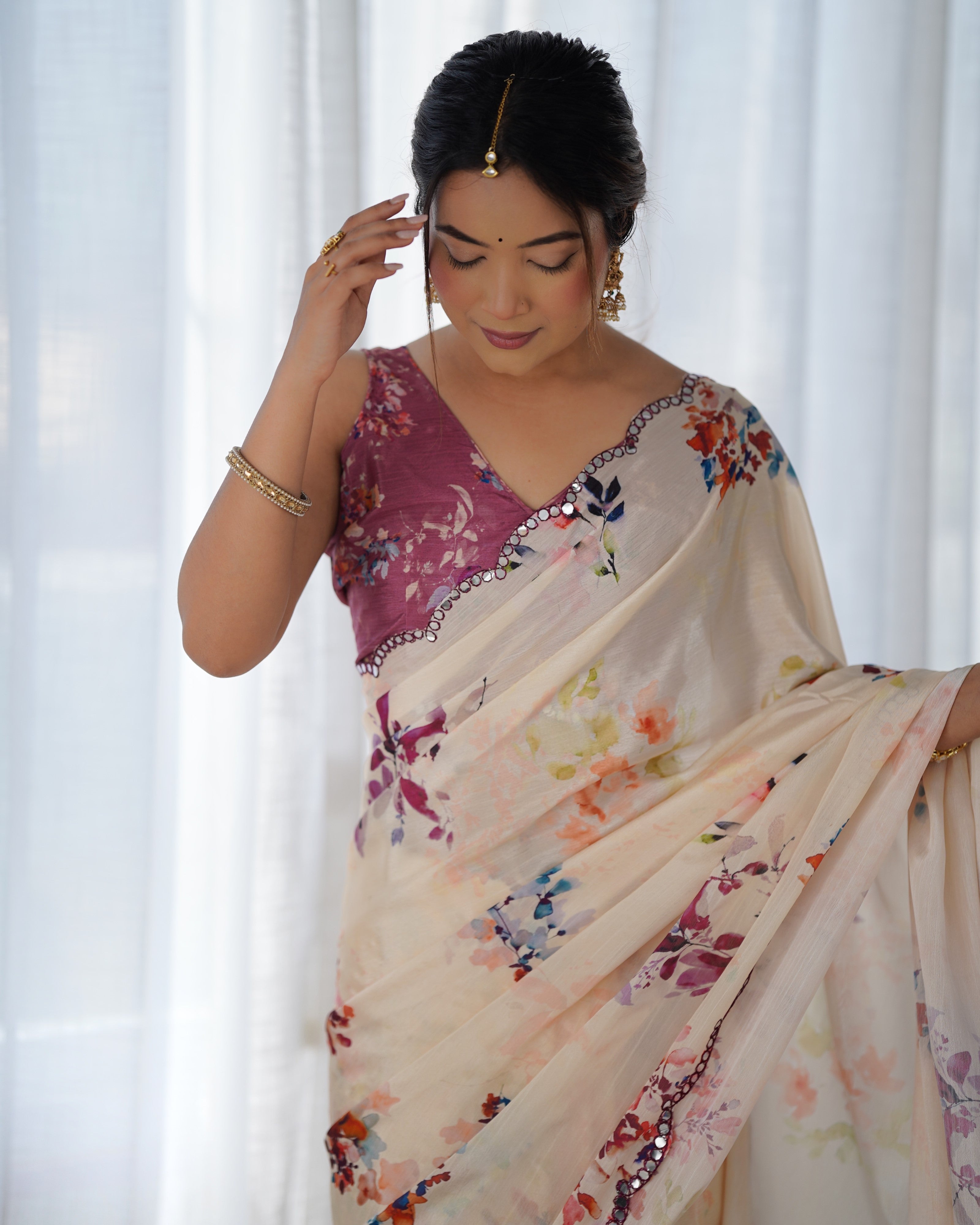 Chinnon Saree with beautiful floral print & Kutchi mirror lace border