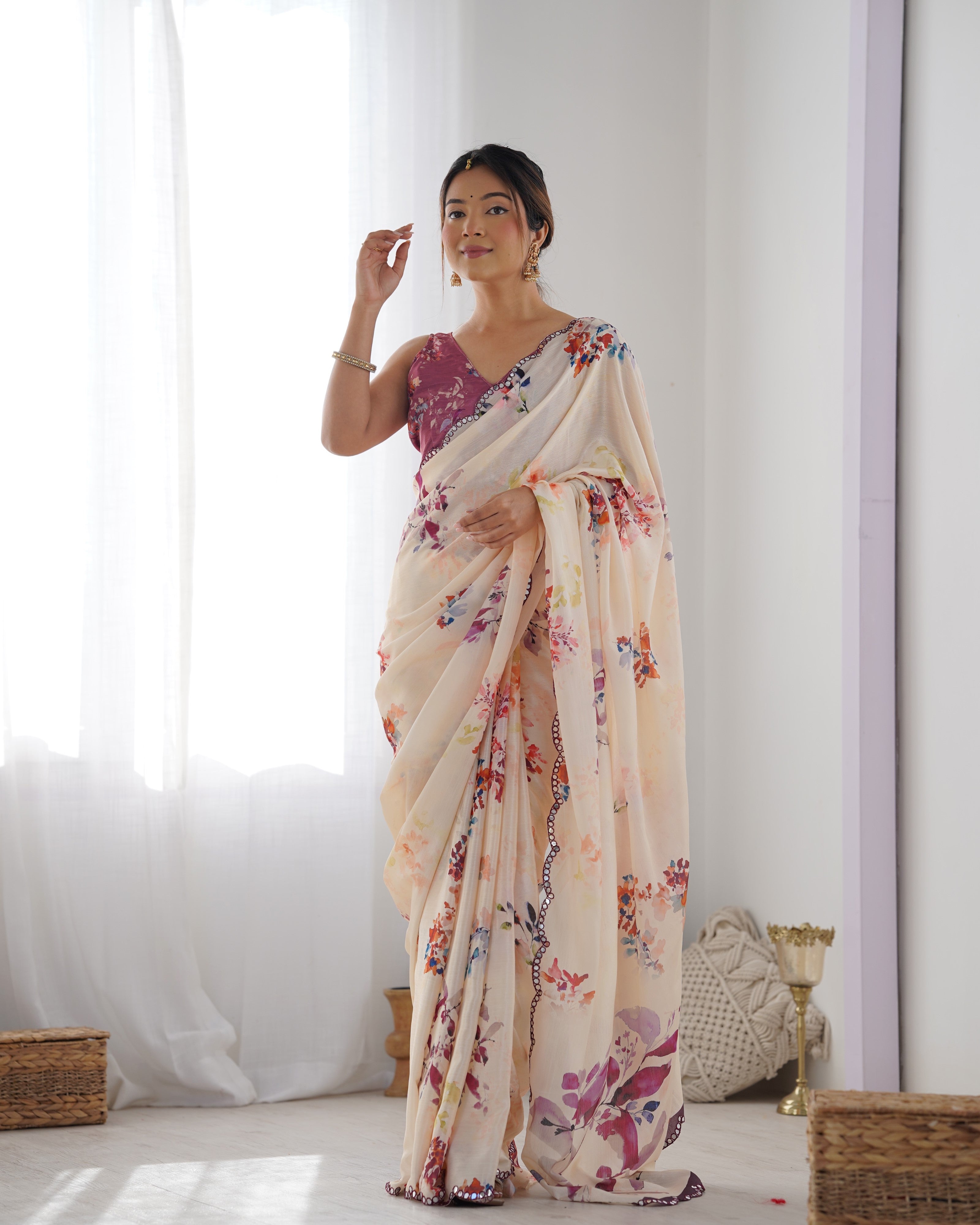 TRENDBUY Heavy Chinnon Saree with beautiful floral print and Kutchi mirror lace border