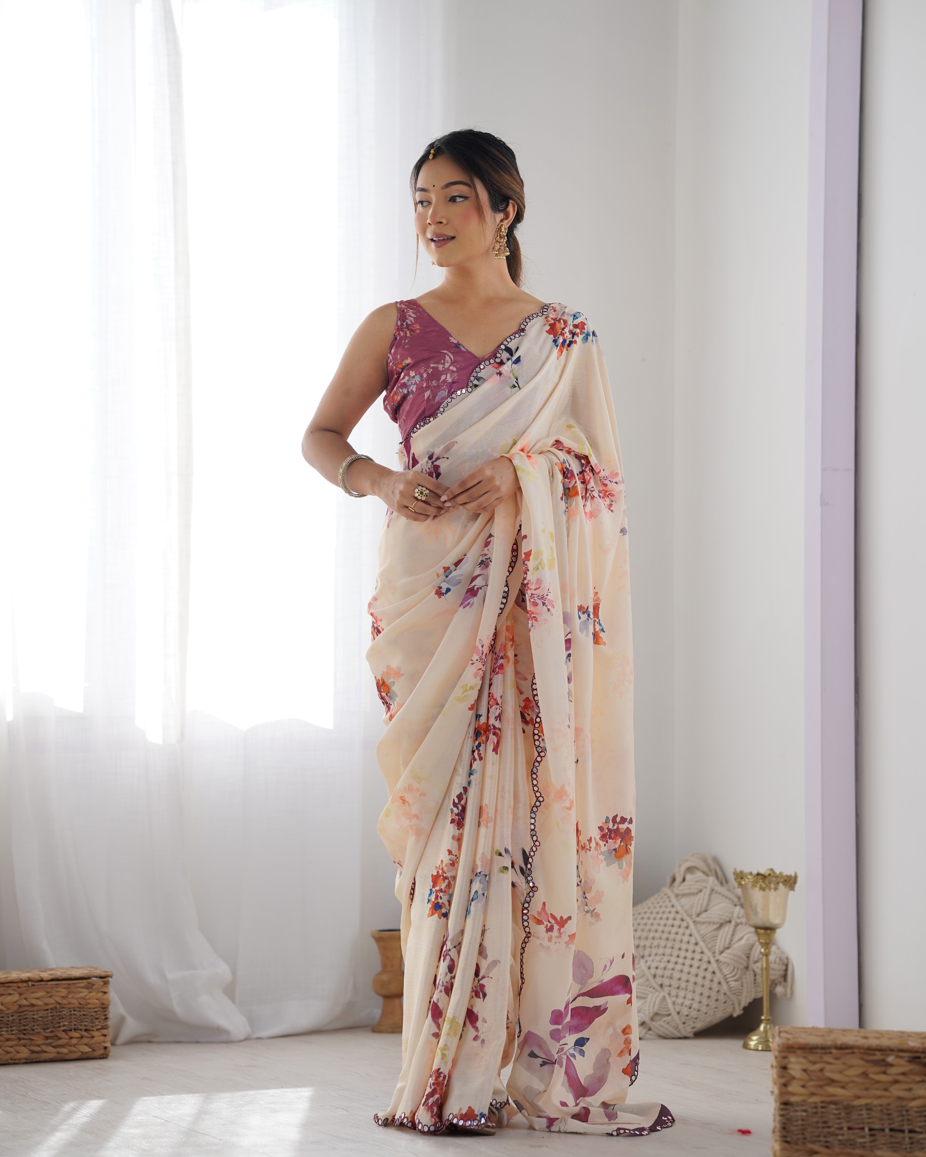 TRENDBUY Heavy Chinnon Saree with Beautiful Floral Print & Kutchi Mirror Lace Border