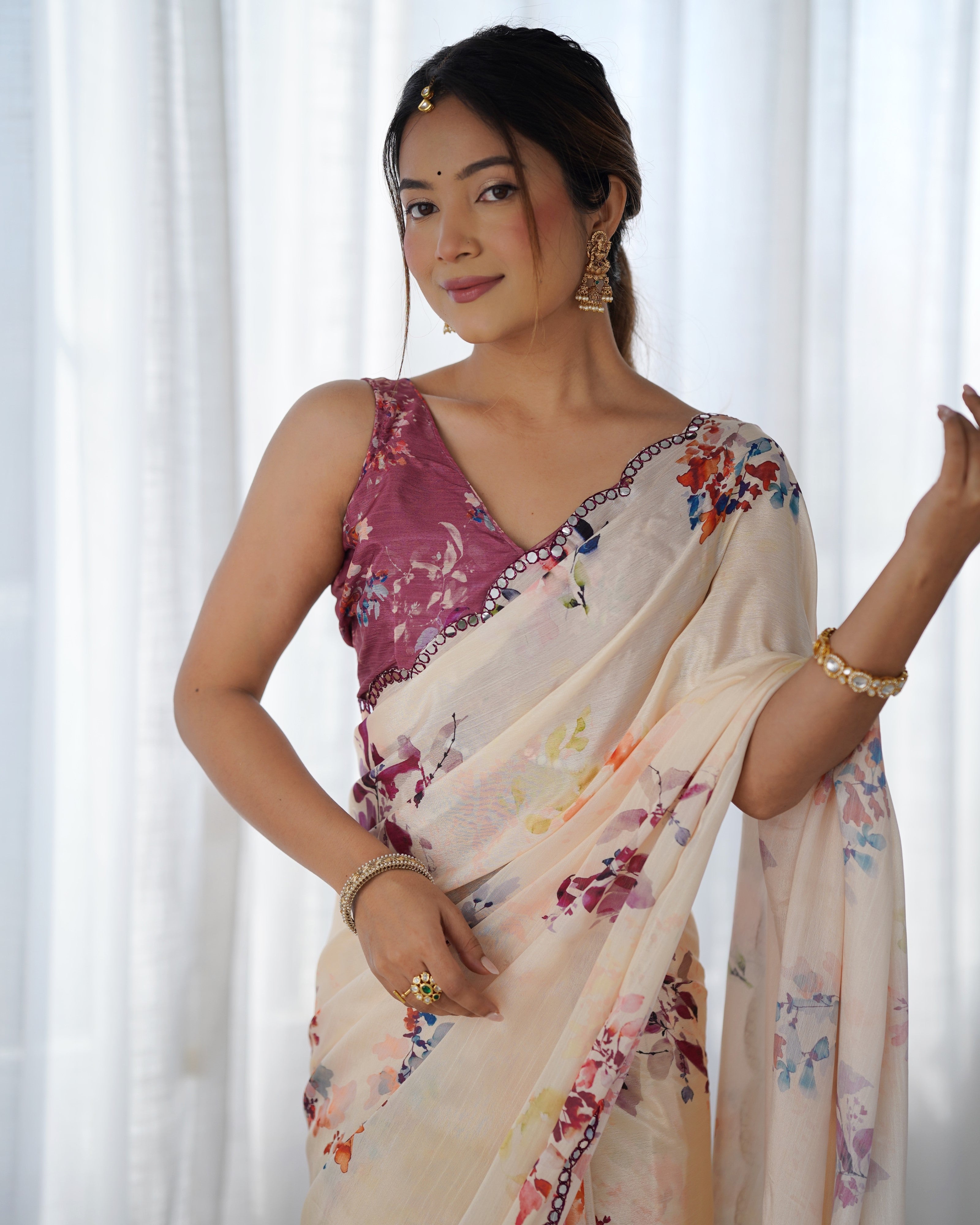 Heavy Chinnon Saree with beautiful floral print and Kutchi mirror lace border