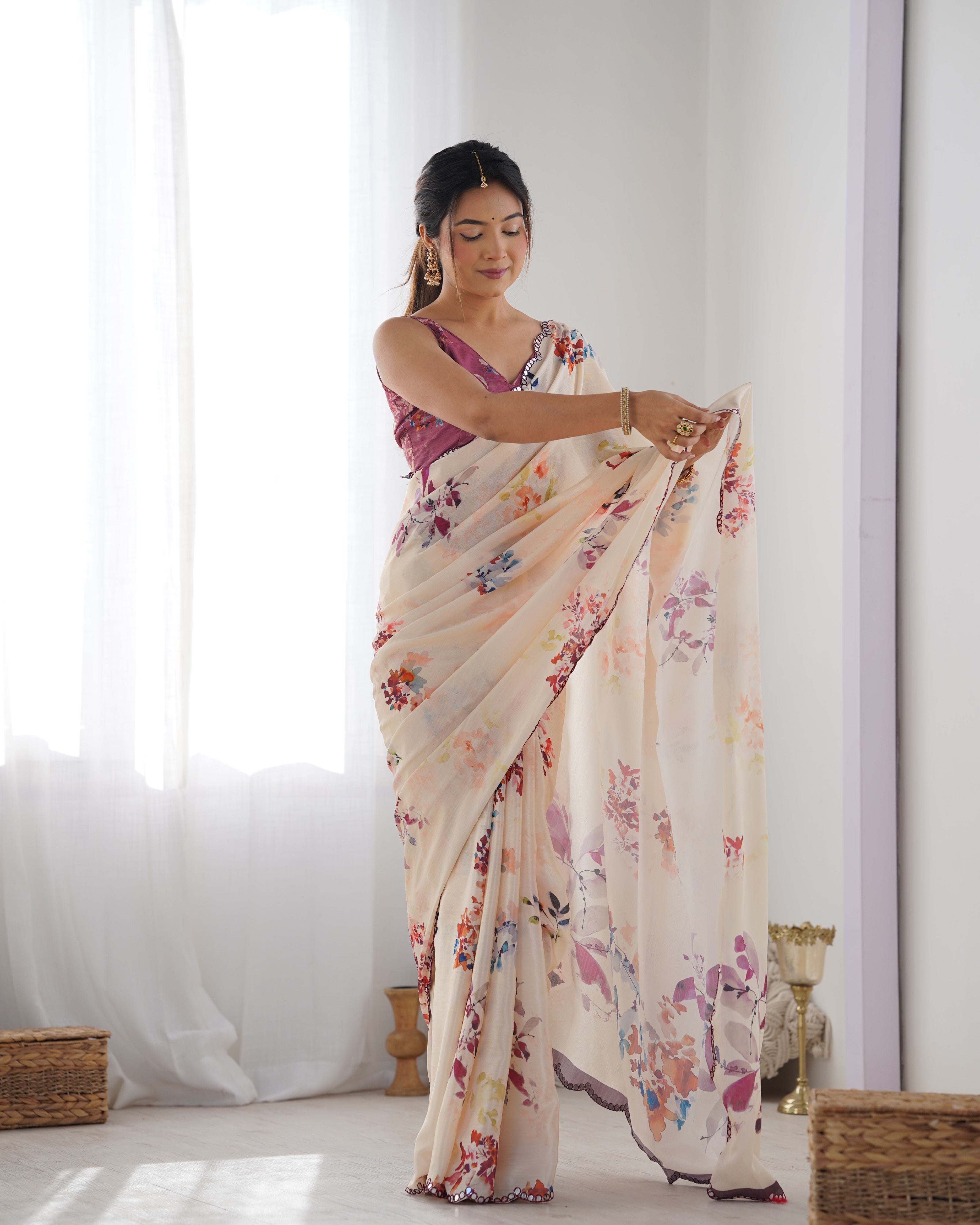 TRENDBUY Heavy Chinnon Saree with beautiful floral print and Kutchi mirror lace border