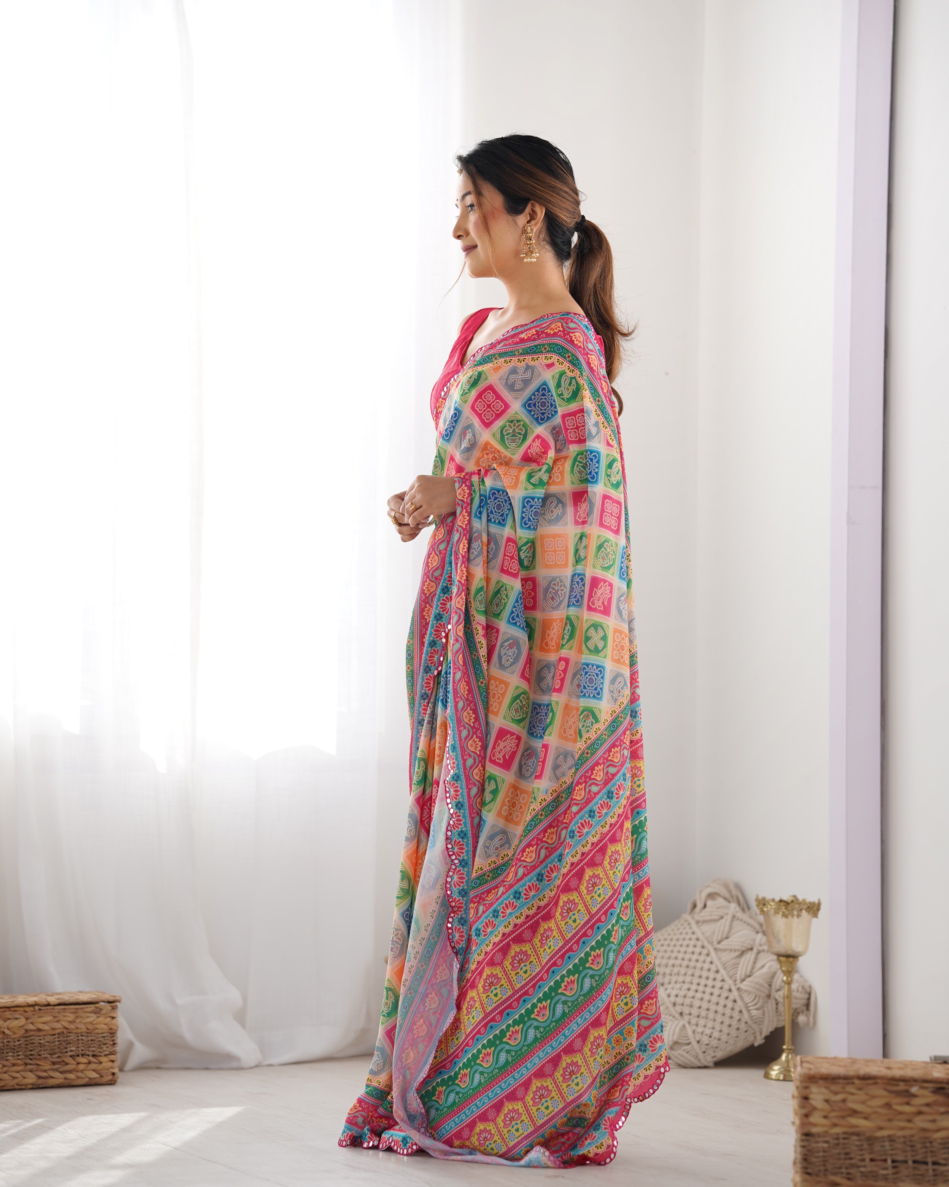 TRENDBUY Heavy Chinnon Saree, vibrant print & Kutchi mirror work border