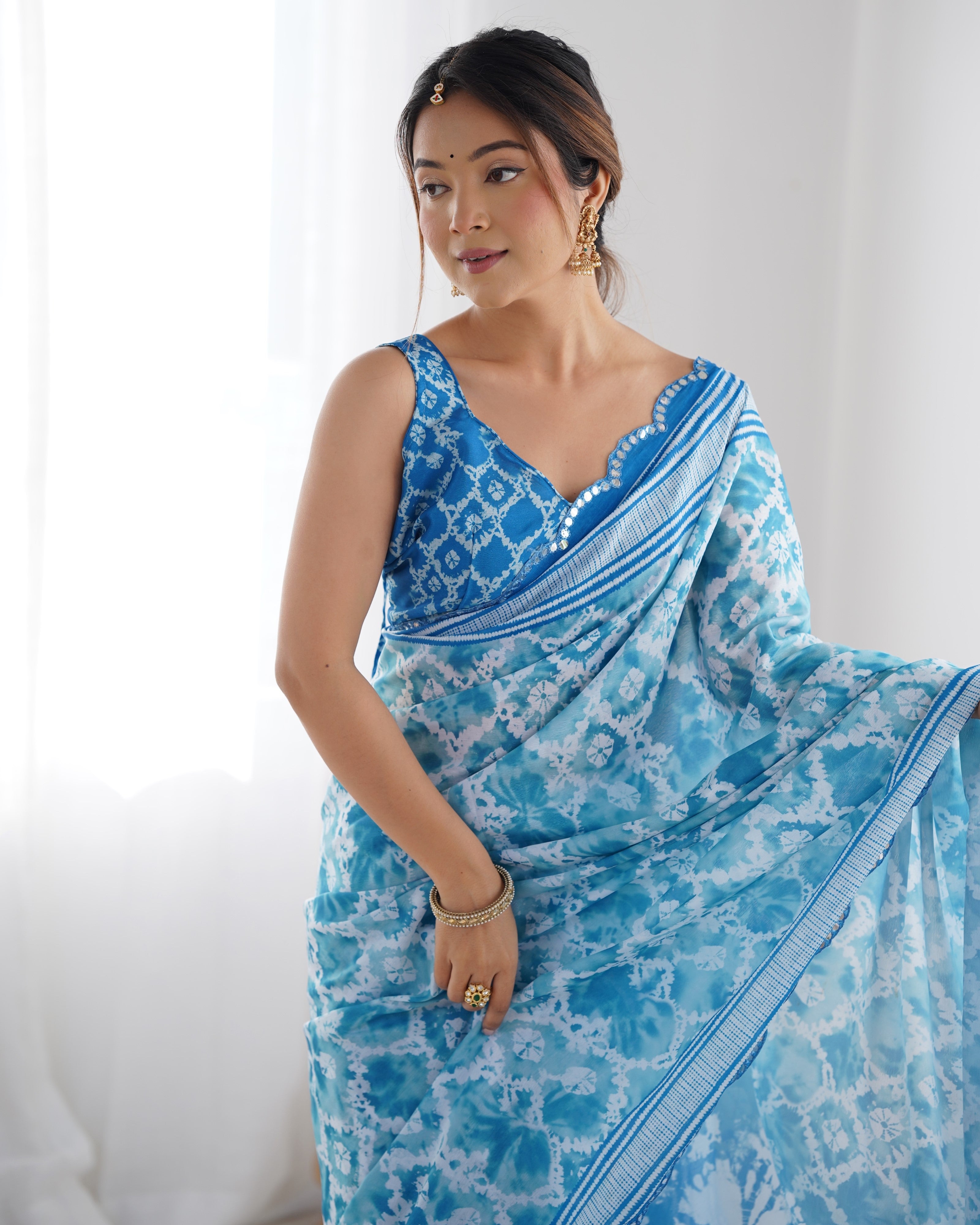 Elegant Blue Chinnon Saree with Kutchi Mirror Work Lace Border DVS-21