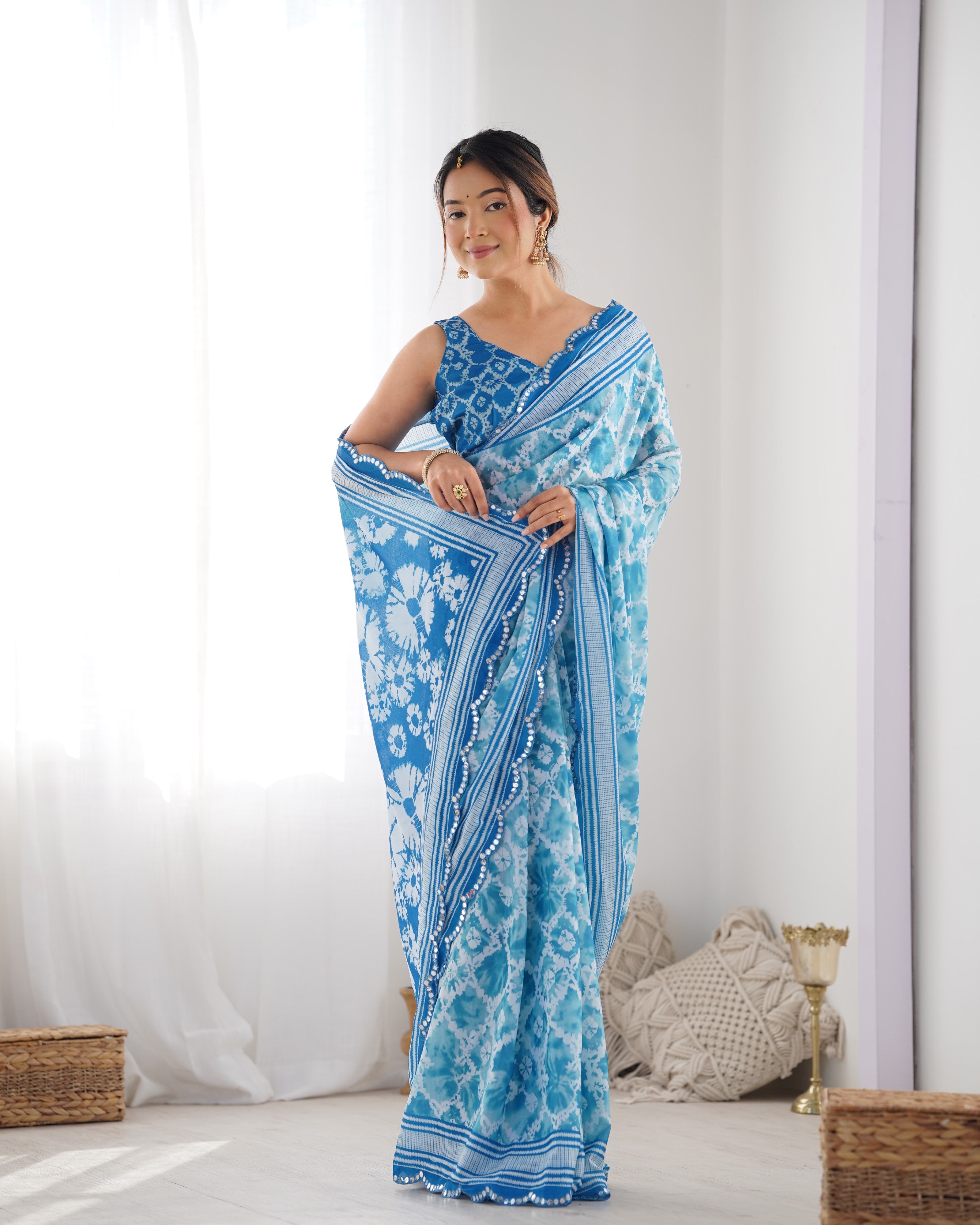 TRENDBUY Elegant Blue Chinnon Saree with Kutchi Mirror Work Lace Border DVS-21