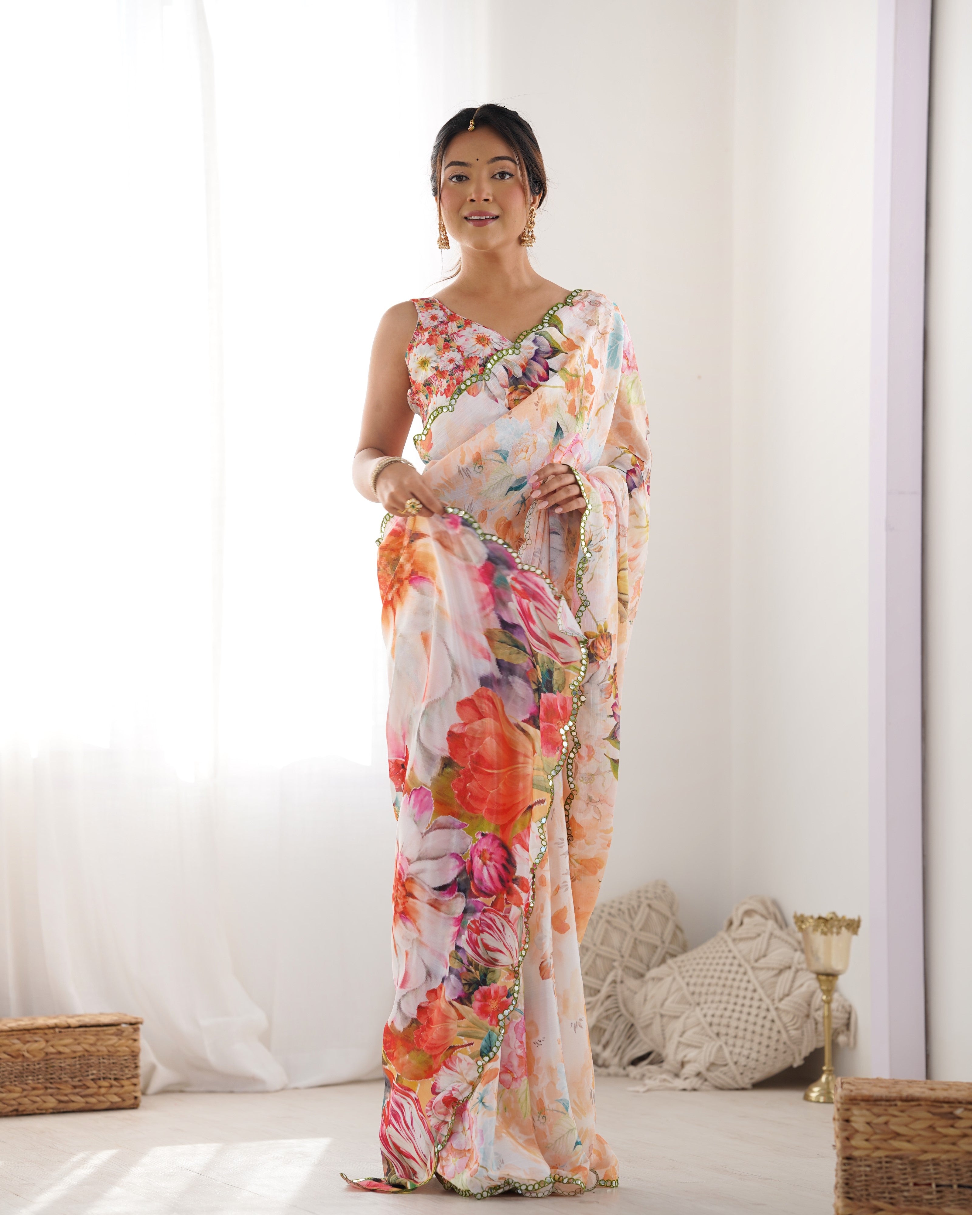 Model confidently posing in the full floral chinnon saree with mirror work, ready for any occasion from TRENDBUY.