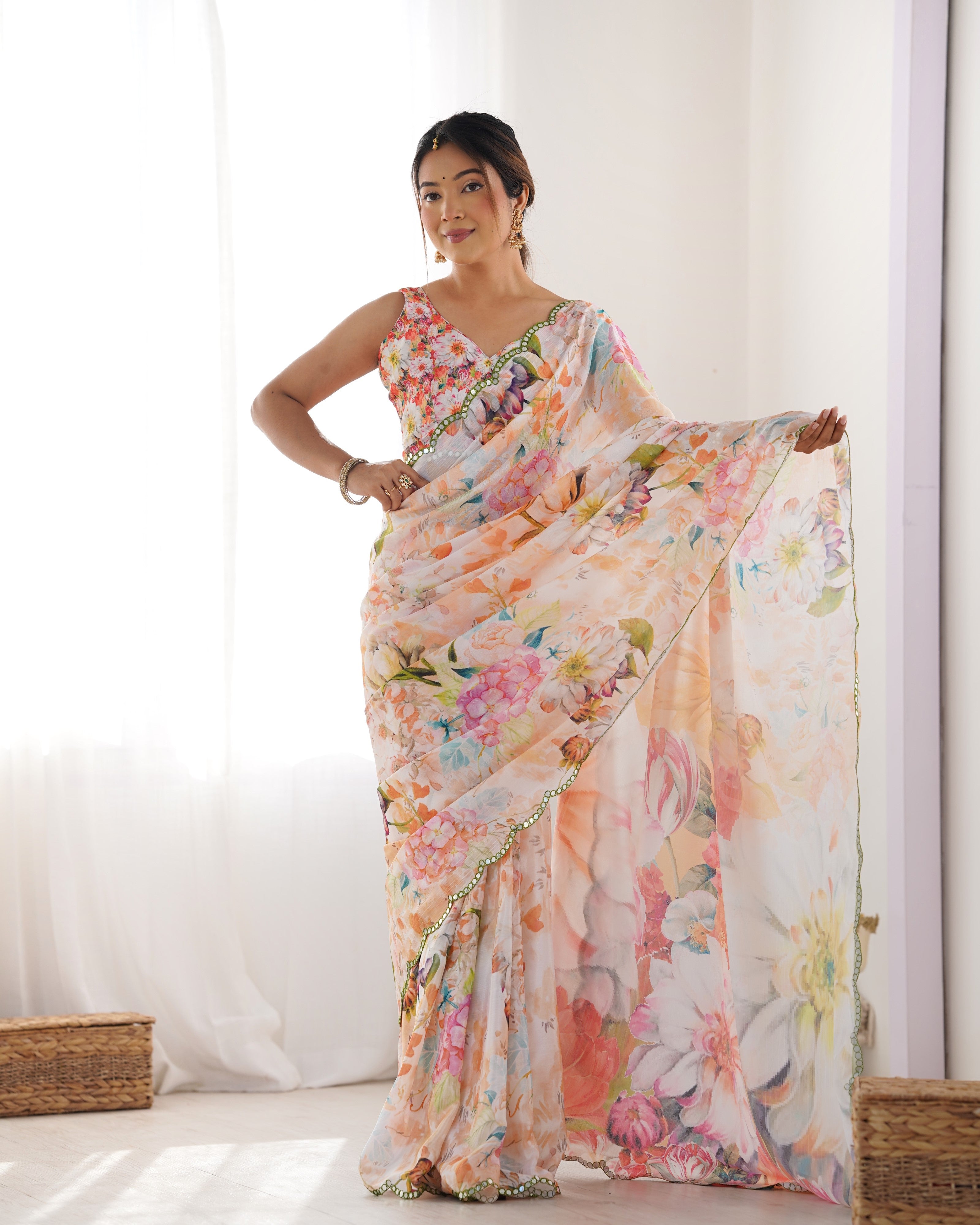 Smiling model presenting the full view of the TRENDBUY DVS-22 floral chinnon saree with an unstitched blouse.
