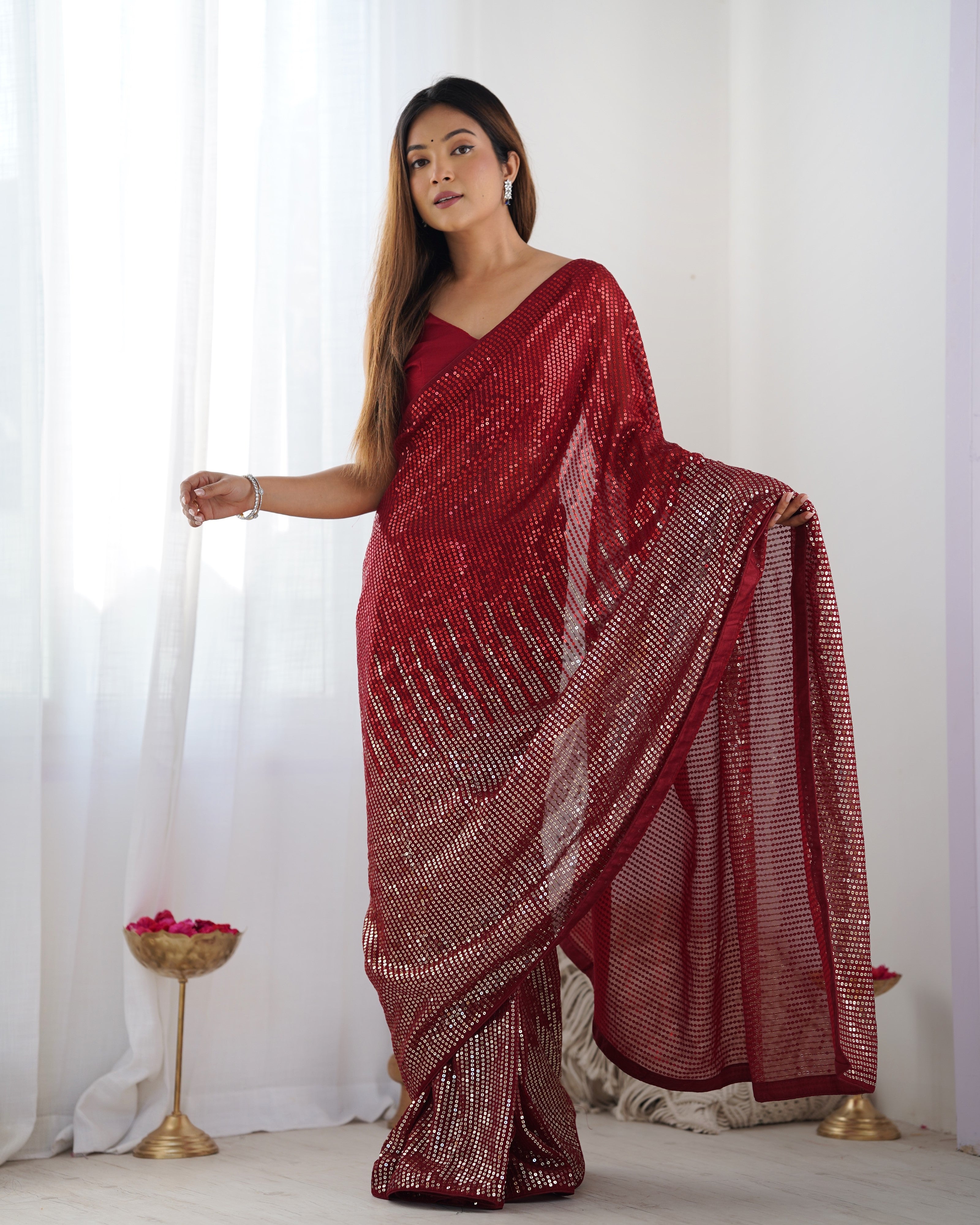 TRENDBUY DVS-23 Ruby Red Georgette Saree with sequence embroidery, front pose