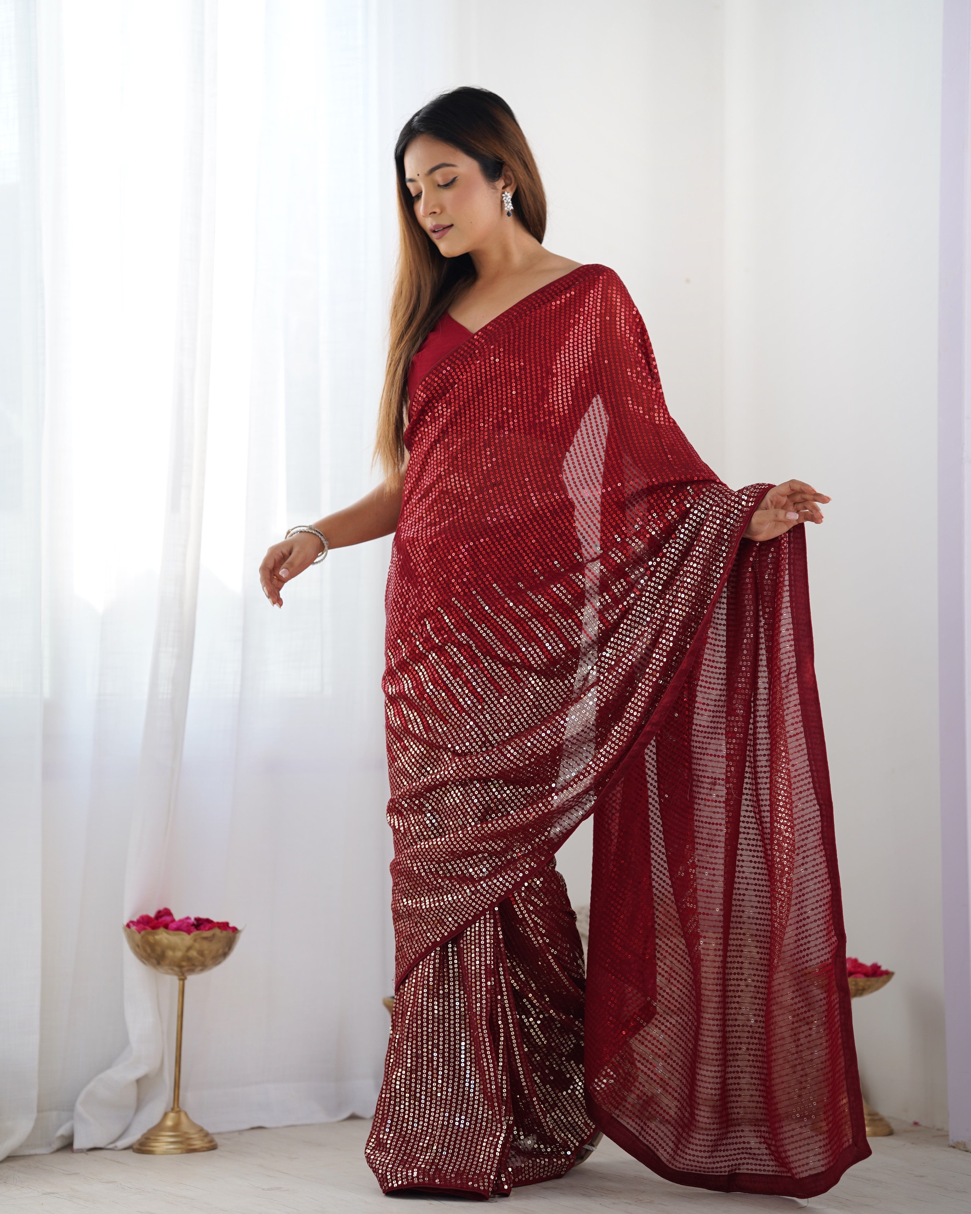 Elegant drape of TRENDBUY DVS-23 Ruby Red Saree with sequin detailing
