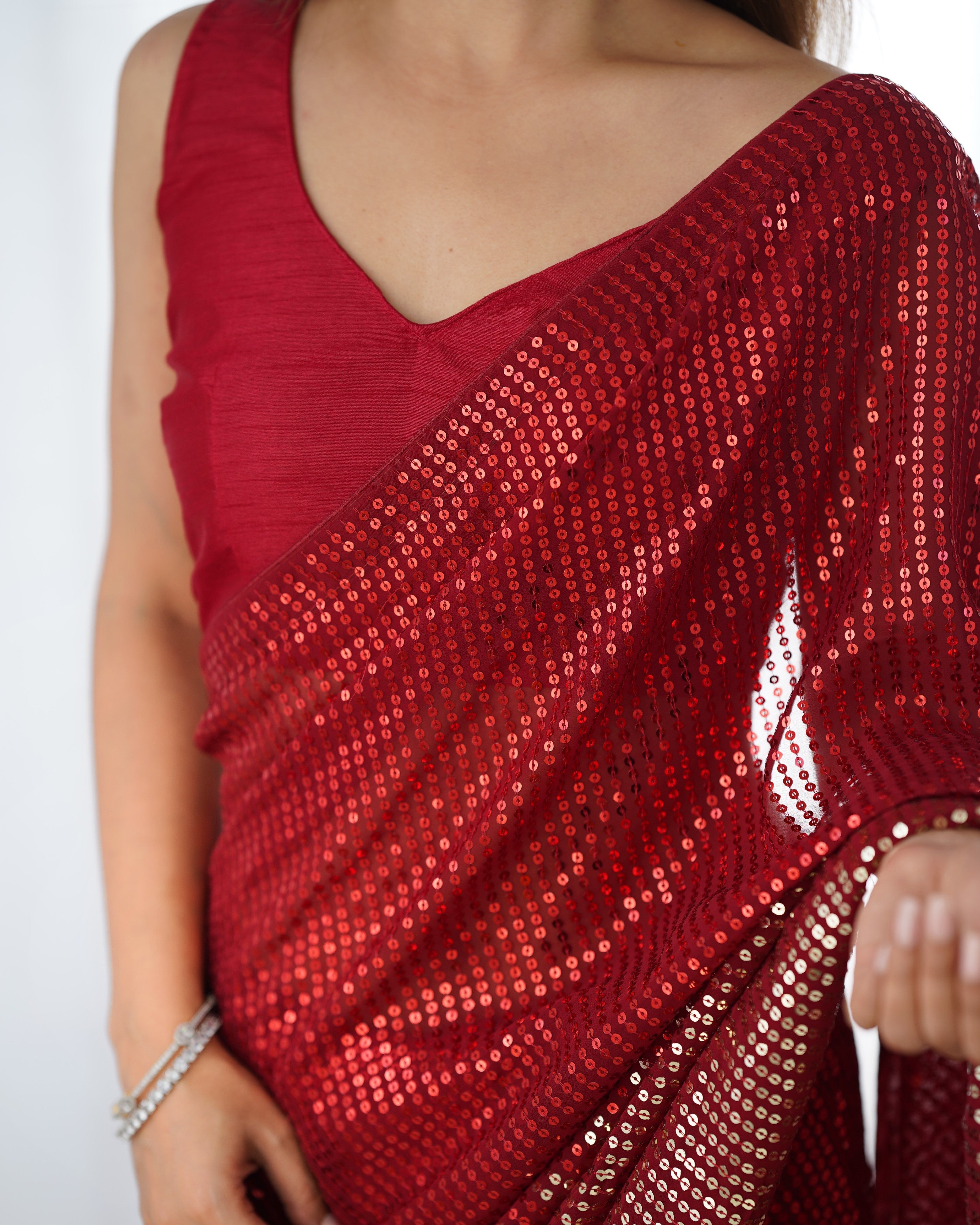 Detail shot of multicolor sequin embroidery on TRENDBUY Ruby Red Georgette Saree fabric