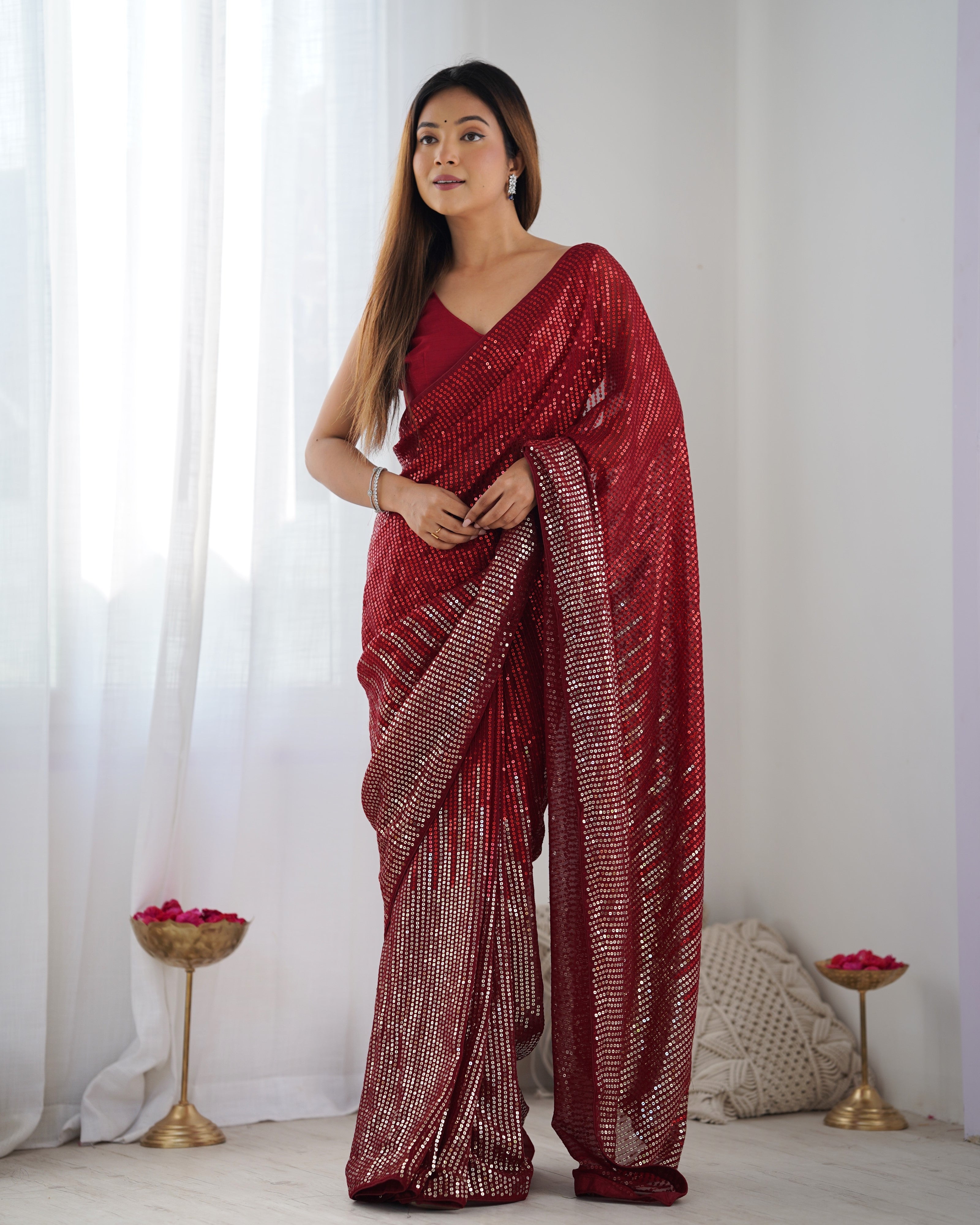 Full length front view of model in TRENDBUY DVS-23 Ruby Red Georgette Saree