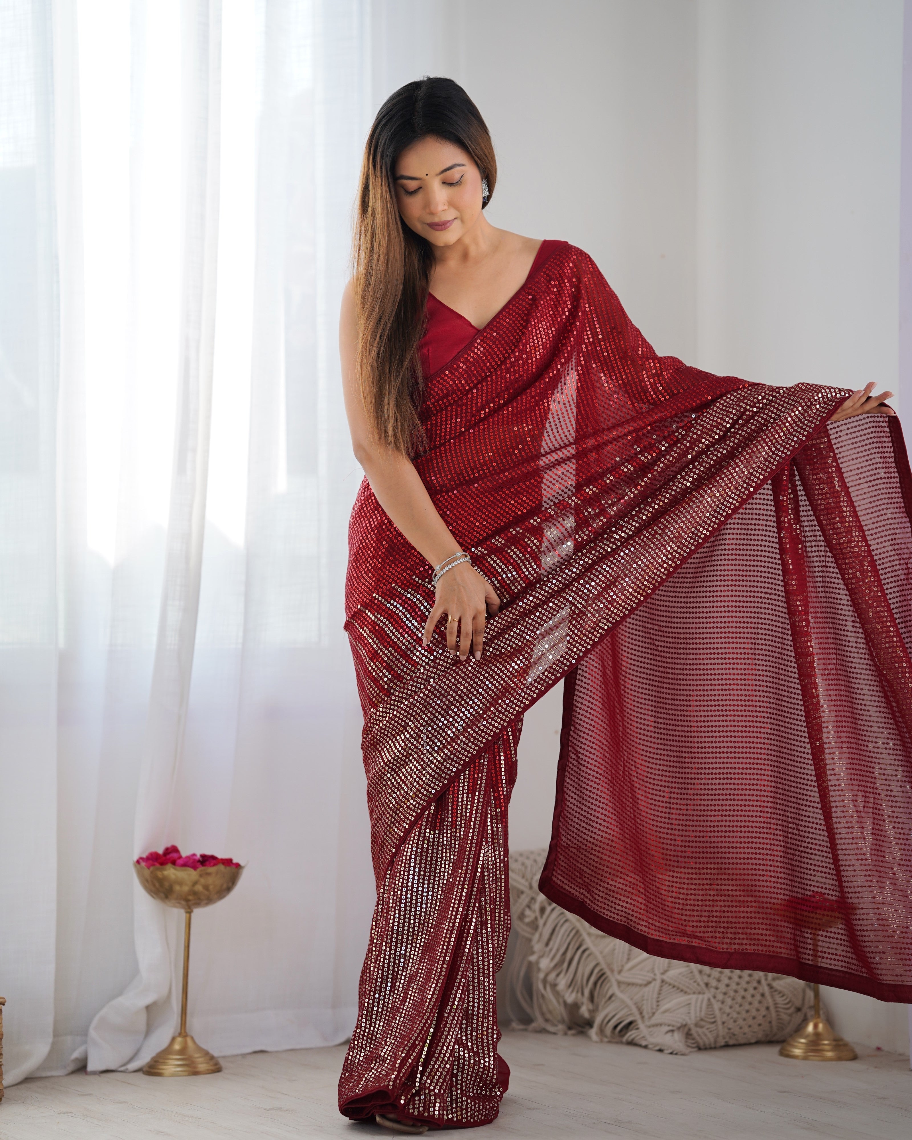 Ruby Red Heavy Georgette Saree with Multicolored Sequin Embroidery