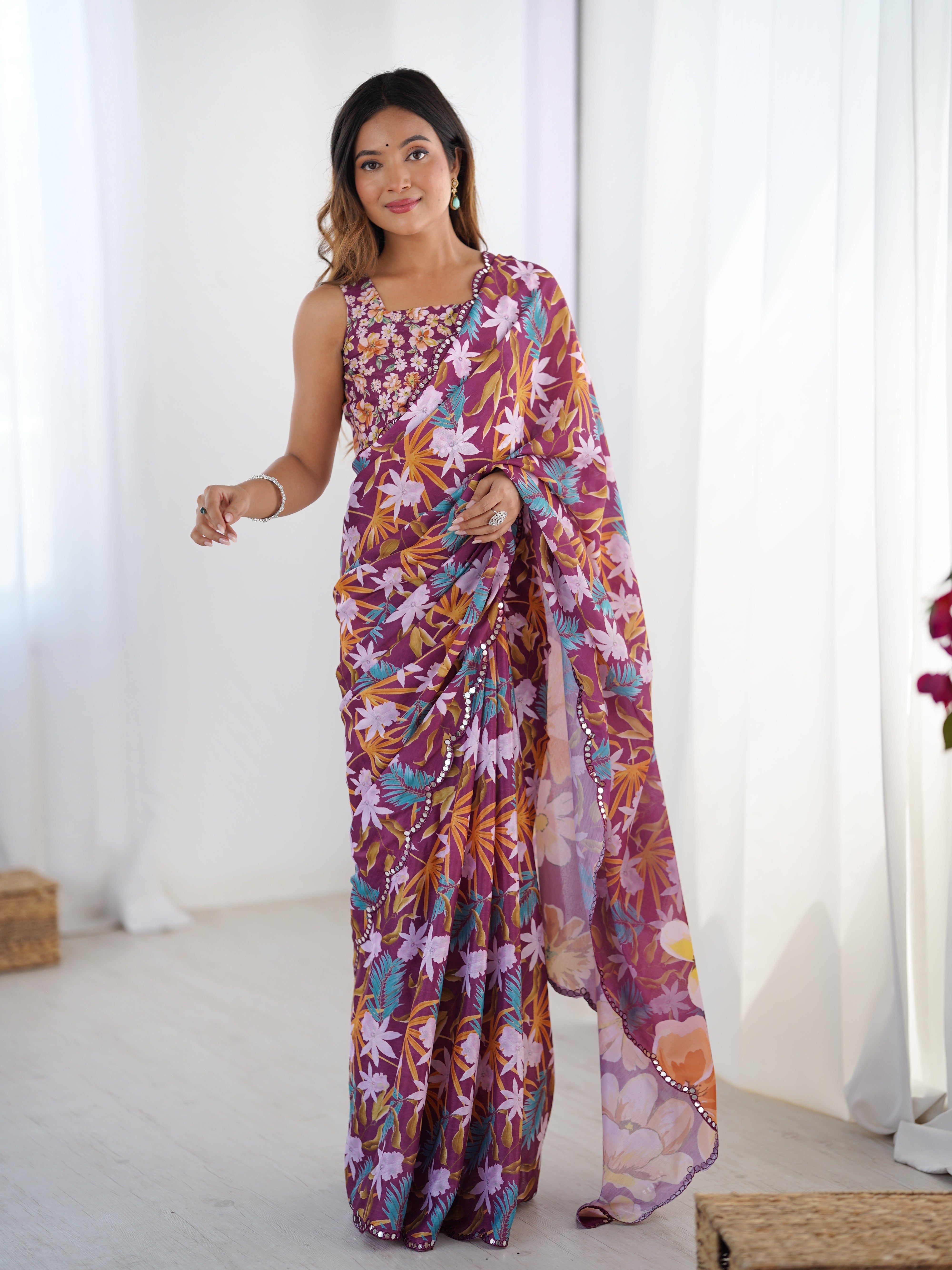 TRENDBUY Heavy Chinnon Printed Saree with Kutchi Mirror Work Lace Border DVS-26 Design