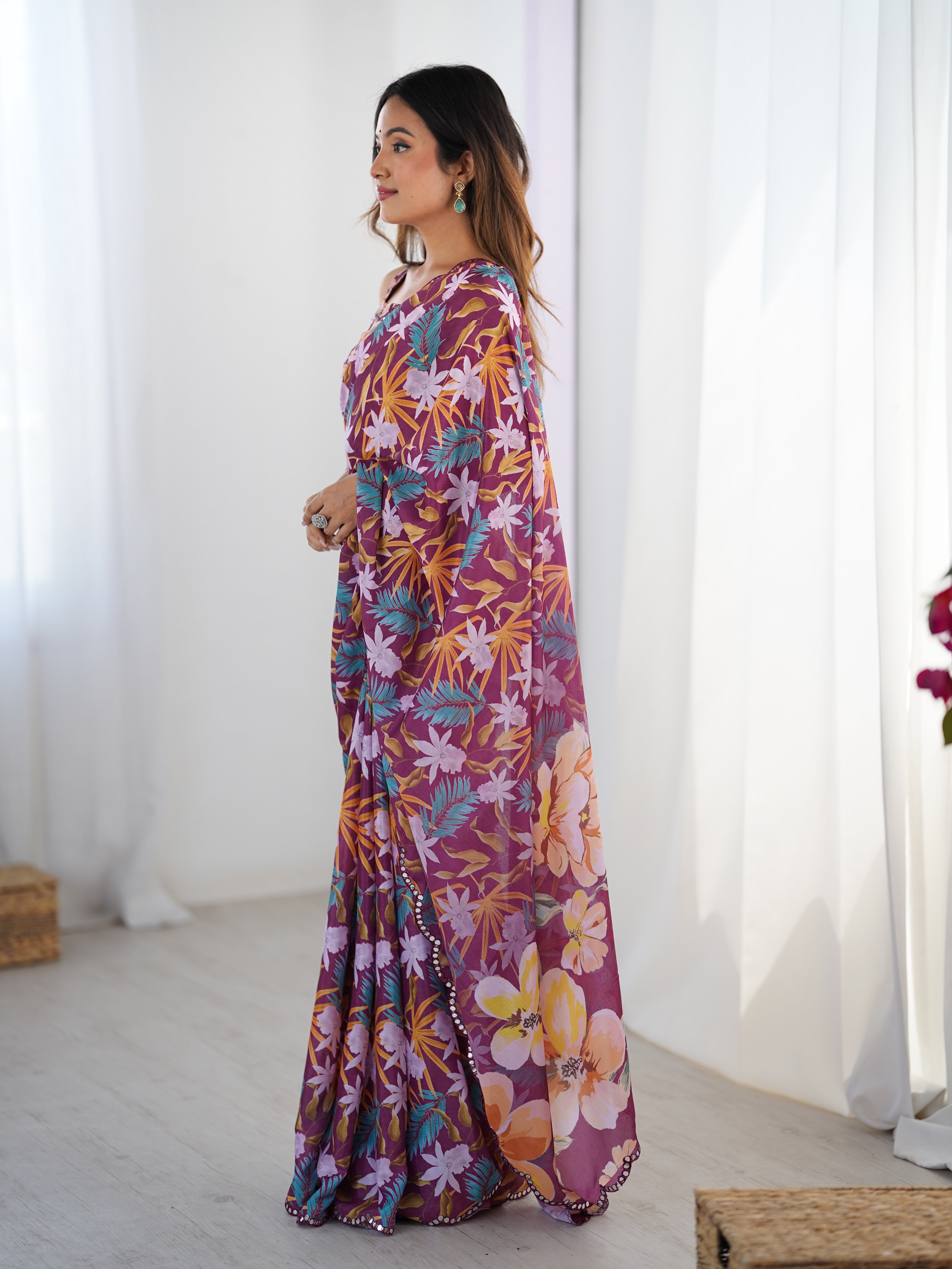 DVS-26 TRENDBUY Heavy Chinnon Printed Saree with intricate Kutchi Mirror Work Lace Border