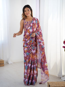 TRENDBUY Heavy Chinnon Printed Saree with Kutchi Mirror Work Lace Border | DVS-26 Design