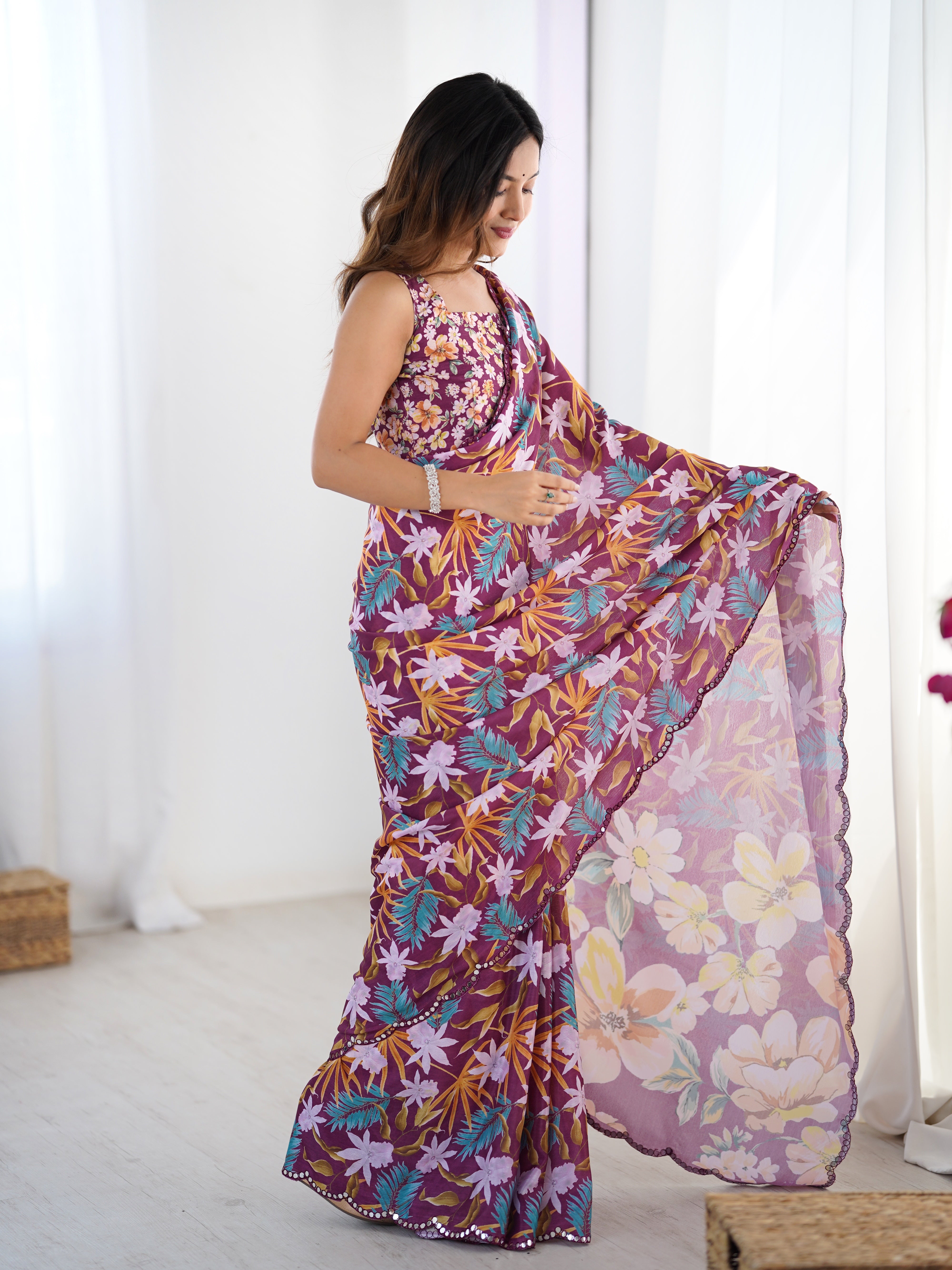 TRENDBUY DVS-26 Heavy Chinnon Printed Saree with Kutchi Mirror Work Lace Border