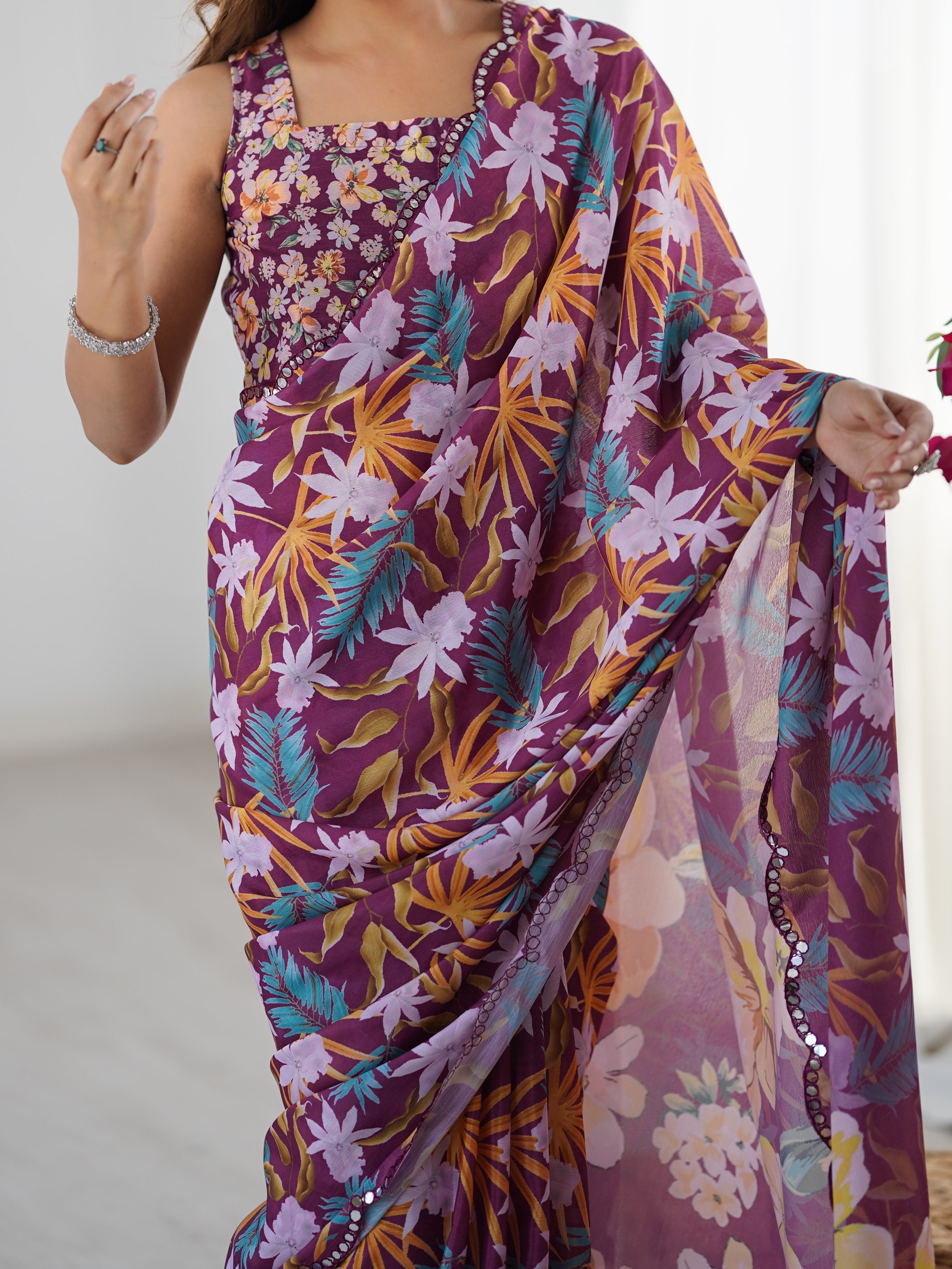Heavy Chinnon printed saree with Kutchi mirror work border