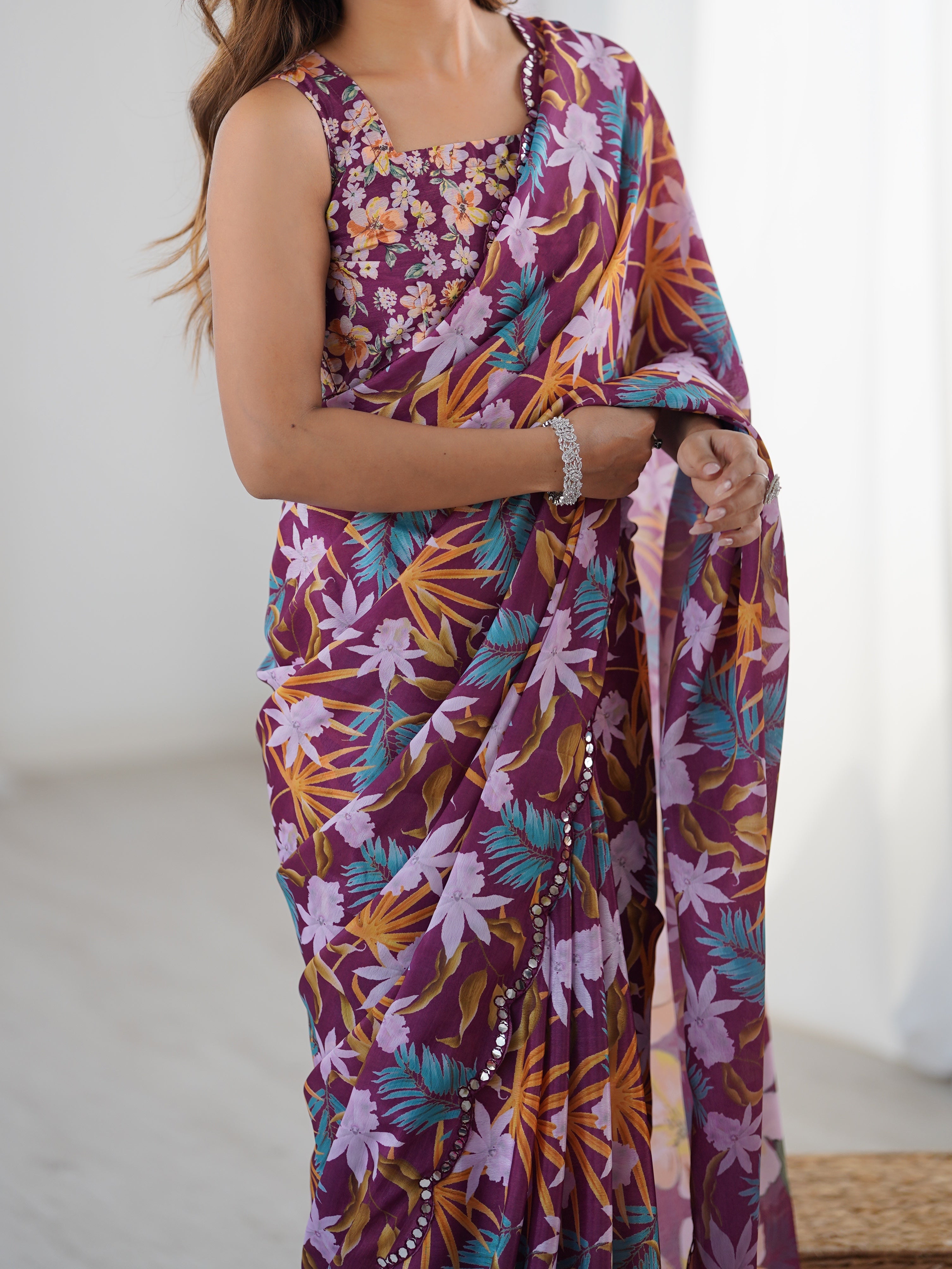 TRENDBUY Heavy Chinnon Printed Saree with Kutchi Mirror Work Lace Border DVS-26 Design