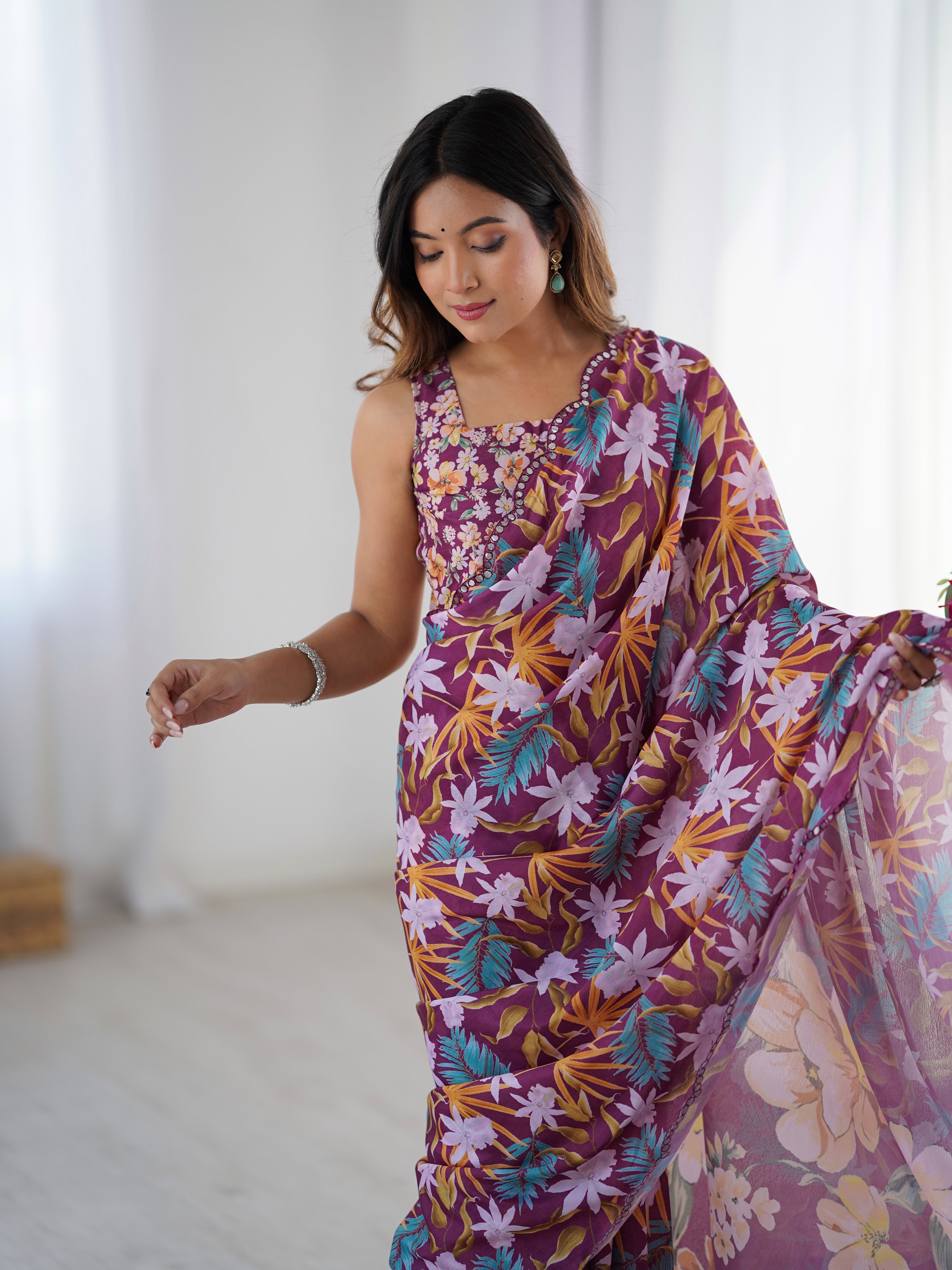 DVS-26 Heavy Chinnon Printed Saree with Kutchi Mirror Work Lace Border