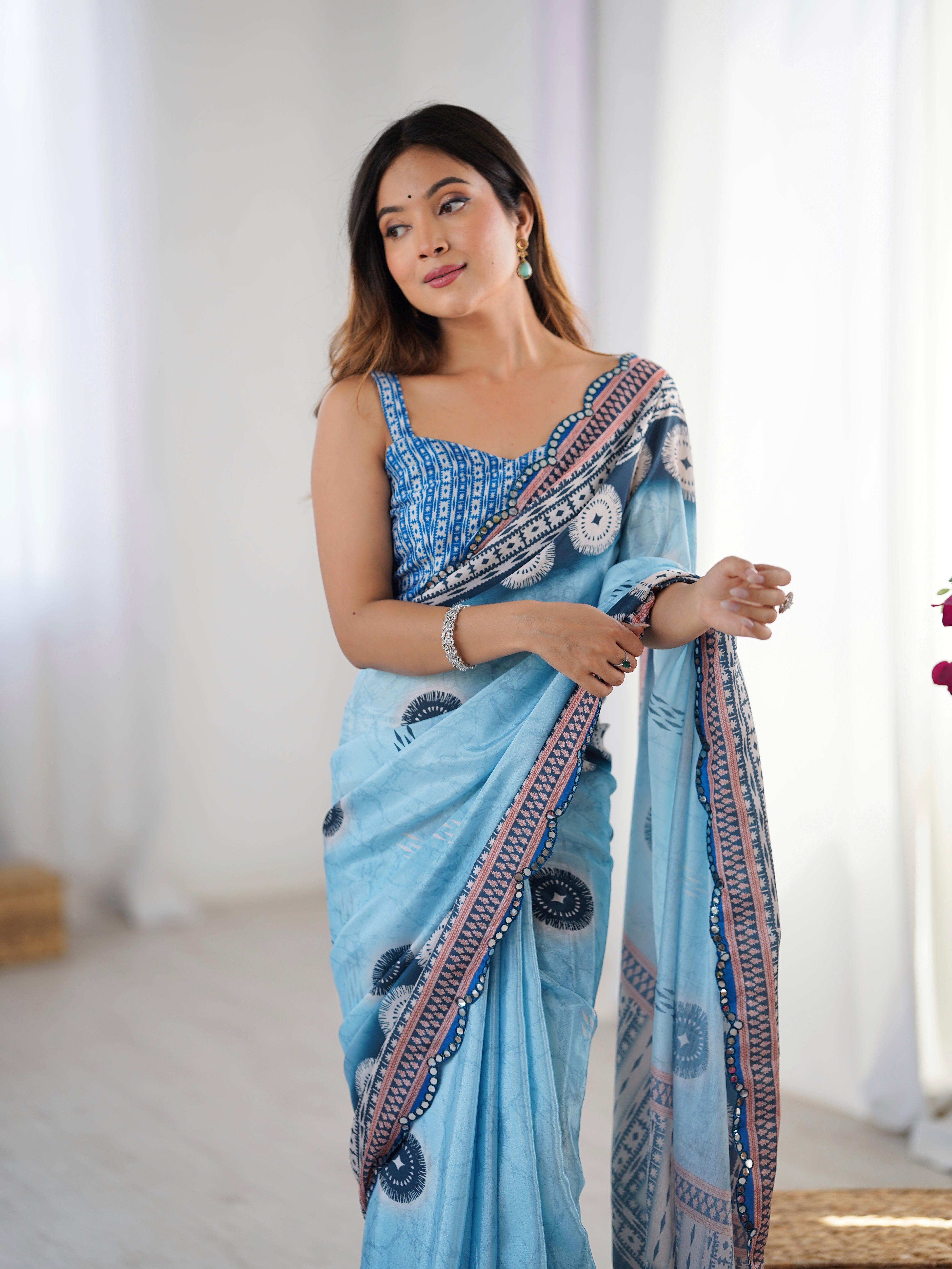 Elegant Heavy Chinnon Saree with Kutchi Mirror Work Lace