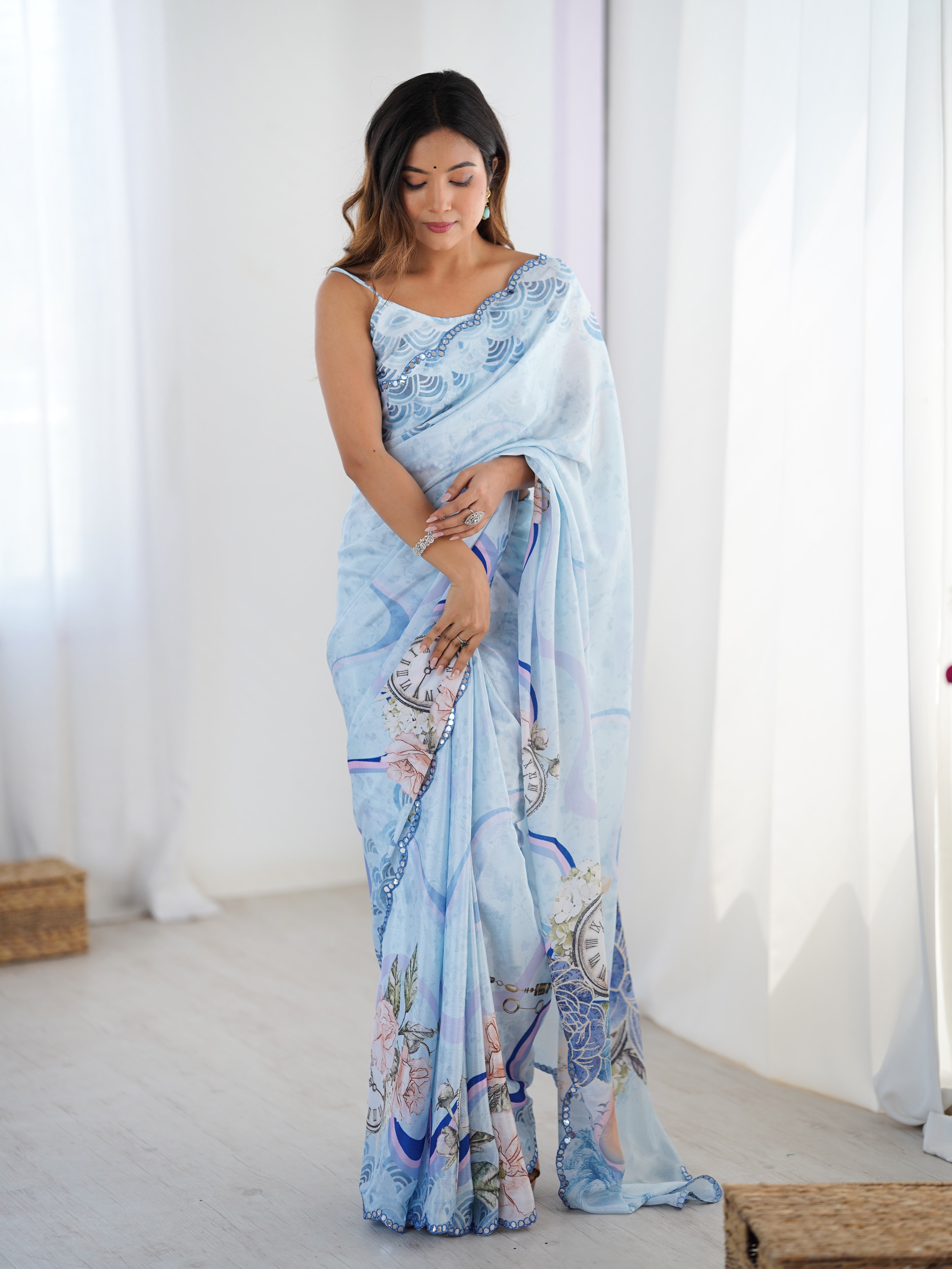 TRENDBUY Sky Blue Chinnon Saree, Kutchi Work mirror lace border, unstitched blouse