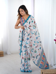 TRENDBUY Elegant Heavy Chinnon Printed Saree with Kutchi Mirror Lace & Unstitched Blouse