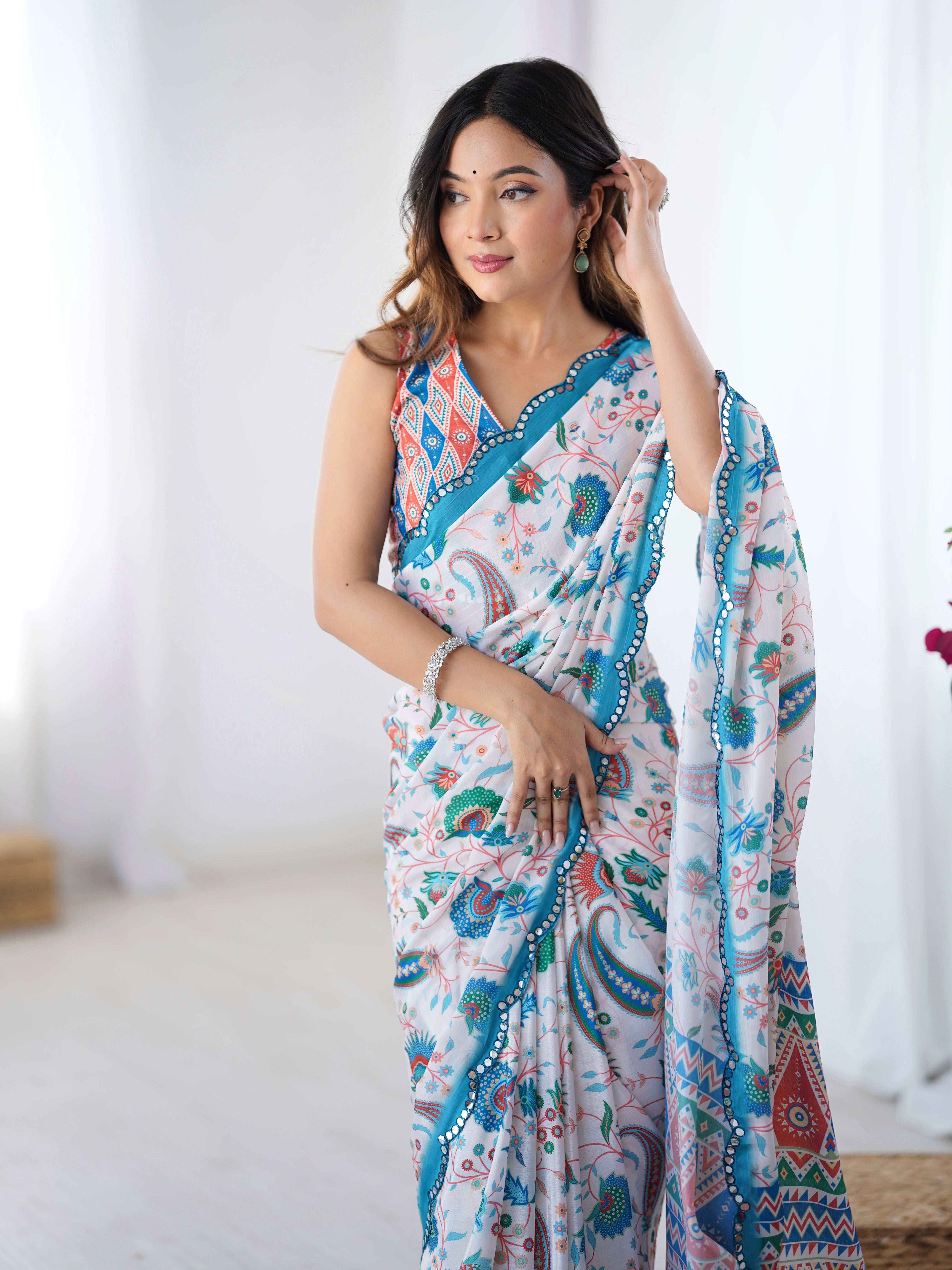 Elegant Heavy Chinnon Printed Saree with Kutchi Mirror Lace and Unstitched Blouse