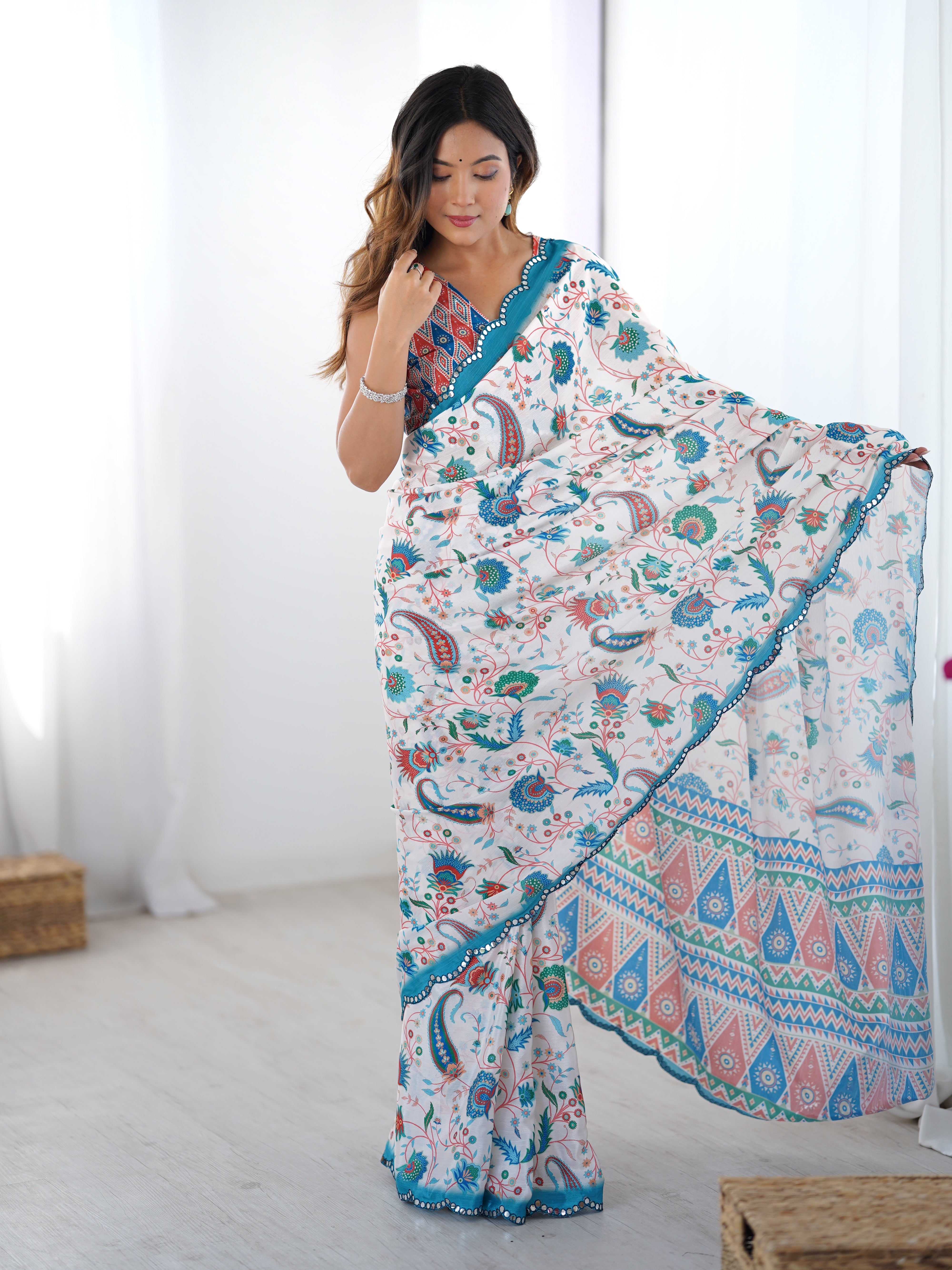 Elegant Chinnon printed saree with Kutchi mirror lace detail