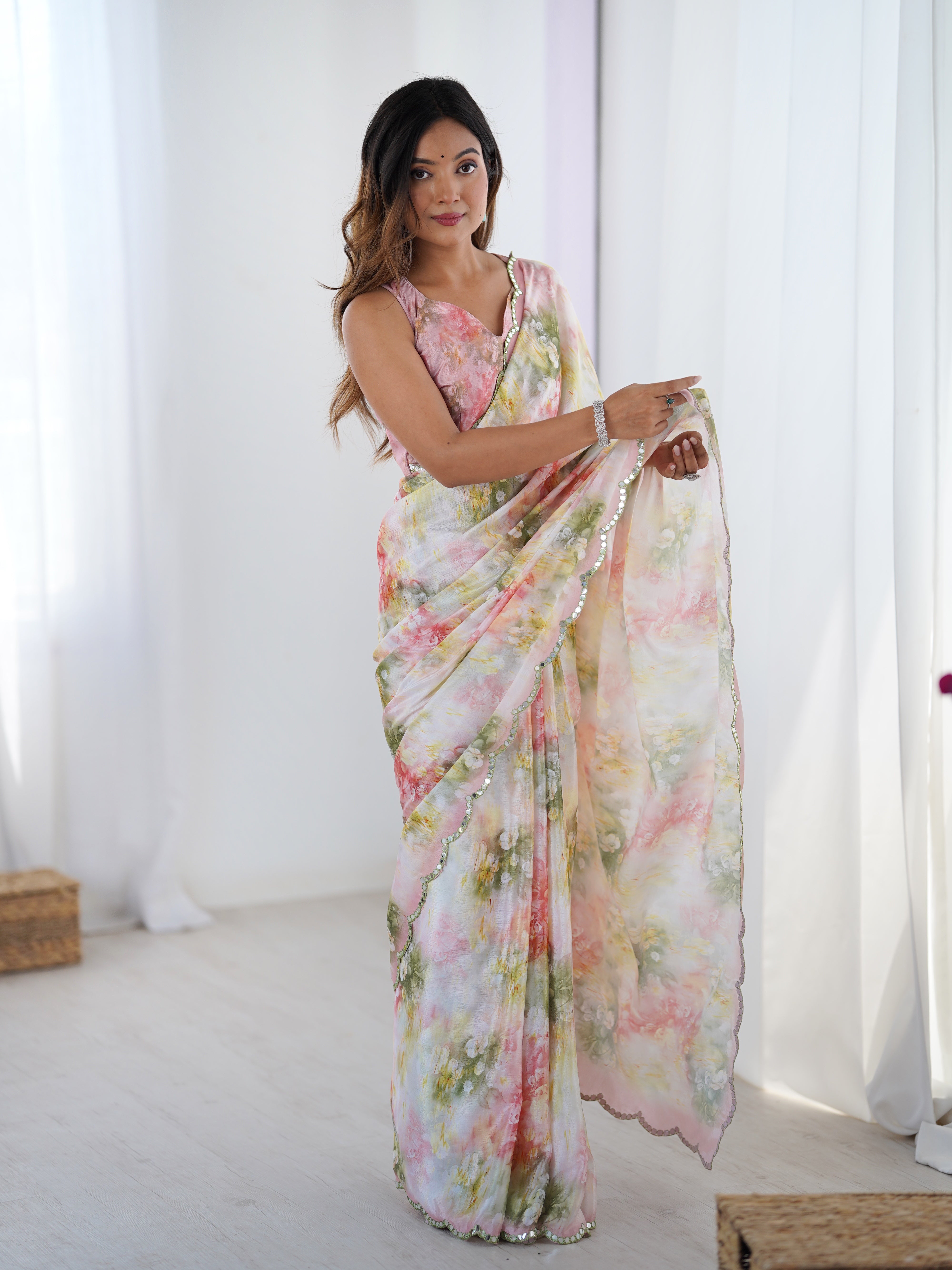 TRENDBUY Elegant Heavy Chinnon Saree with floral print & Kutchi mirror lace border.