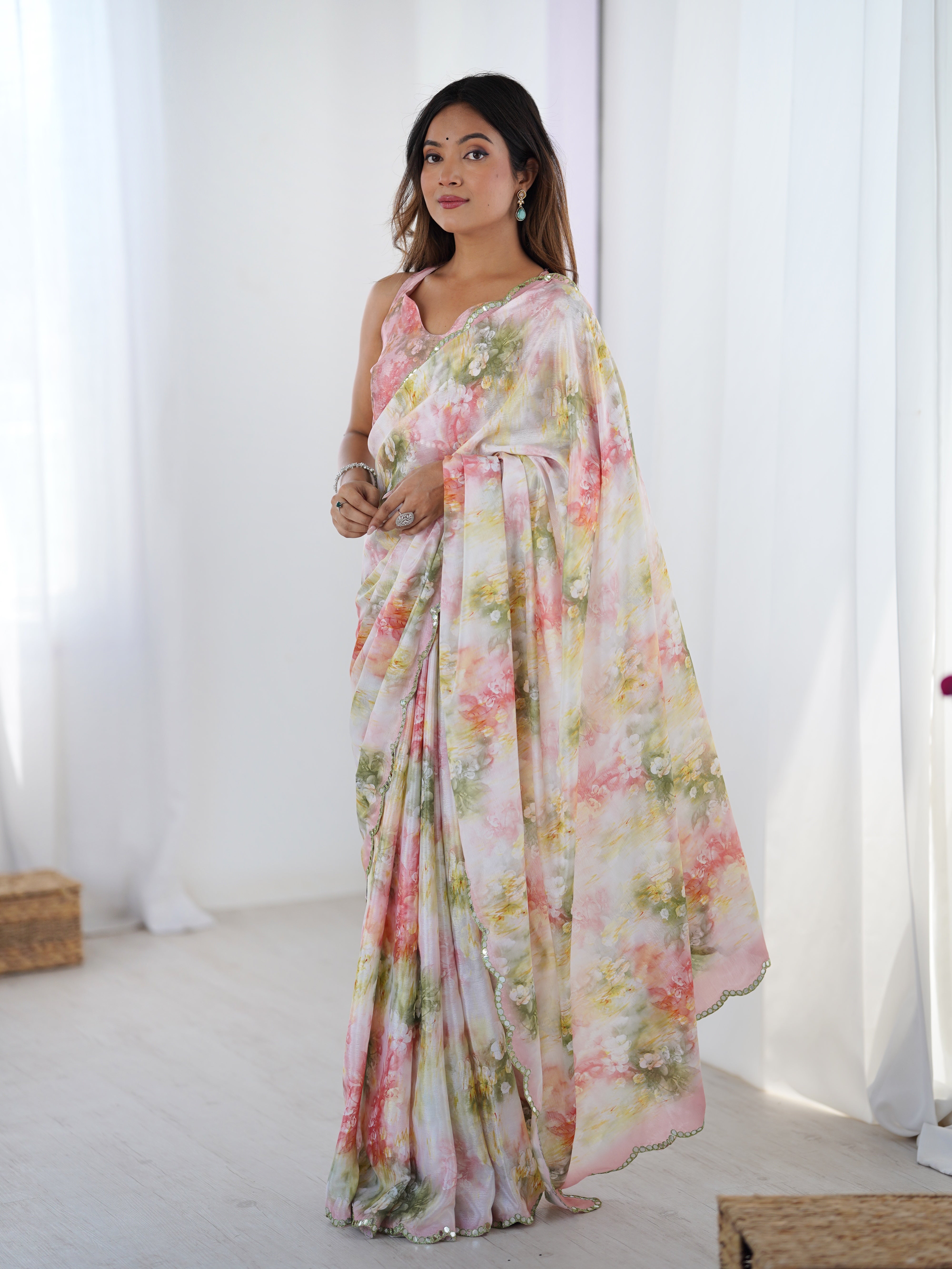 TRENDBUY elegant heavy Chinnon saree, floral print & Kutchi mirror lace border - DVS-34.