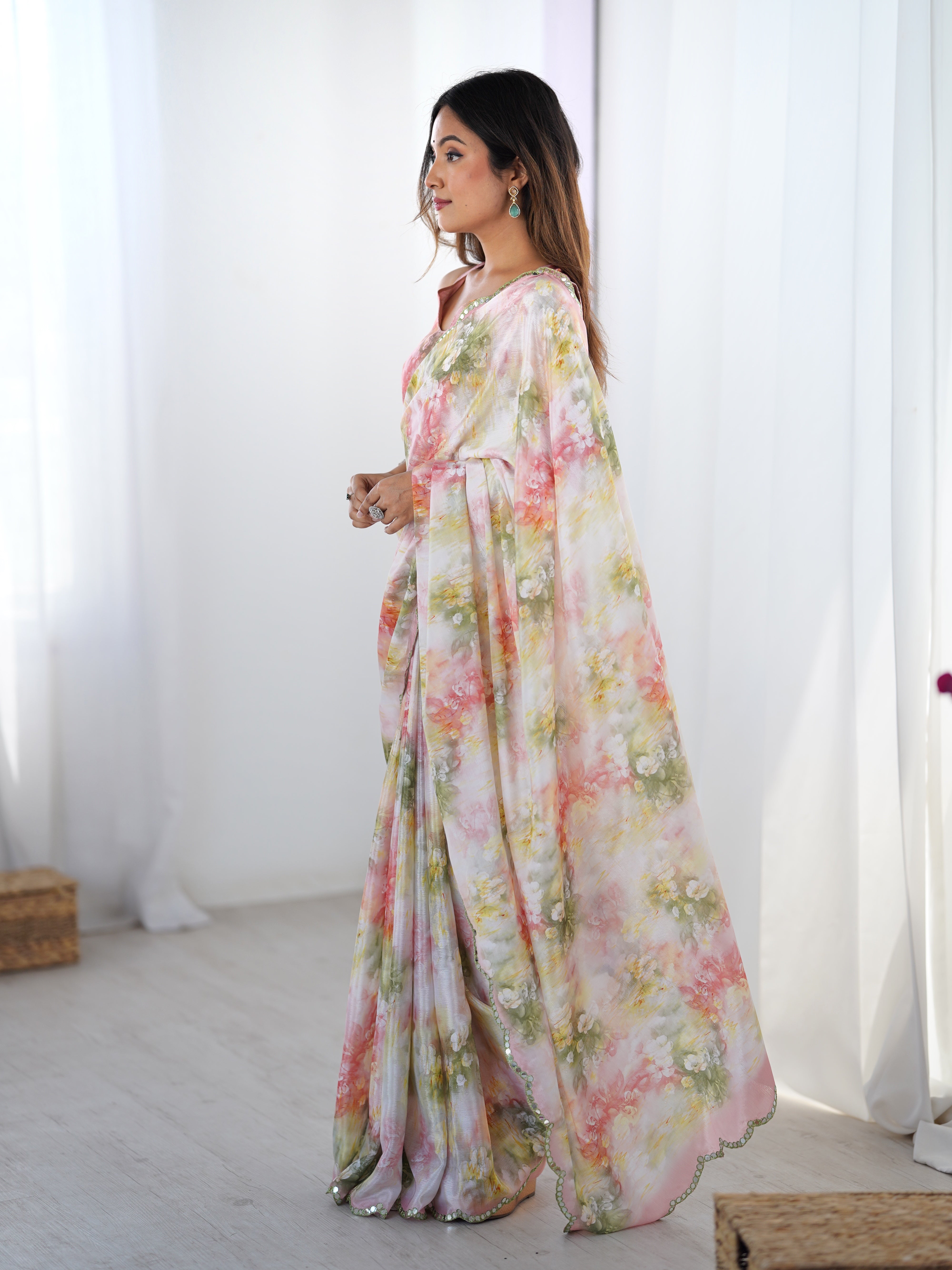 TRENDBUY DVS-34 Elegant Heavy Chinnon Saree with Floral Print & Kutchi Mirror Lace Border