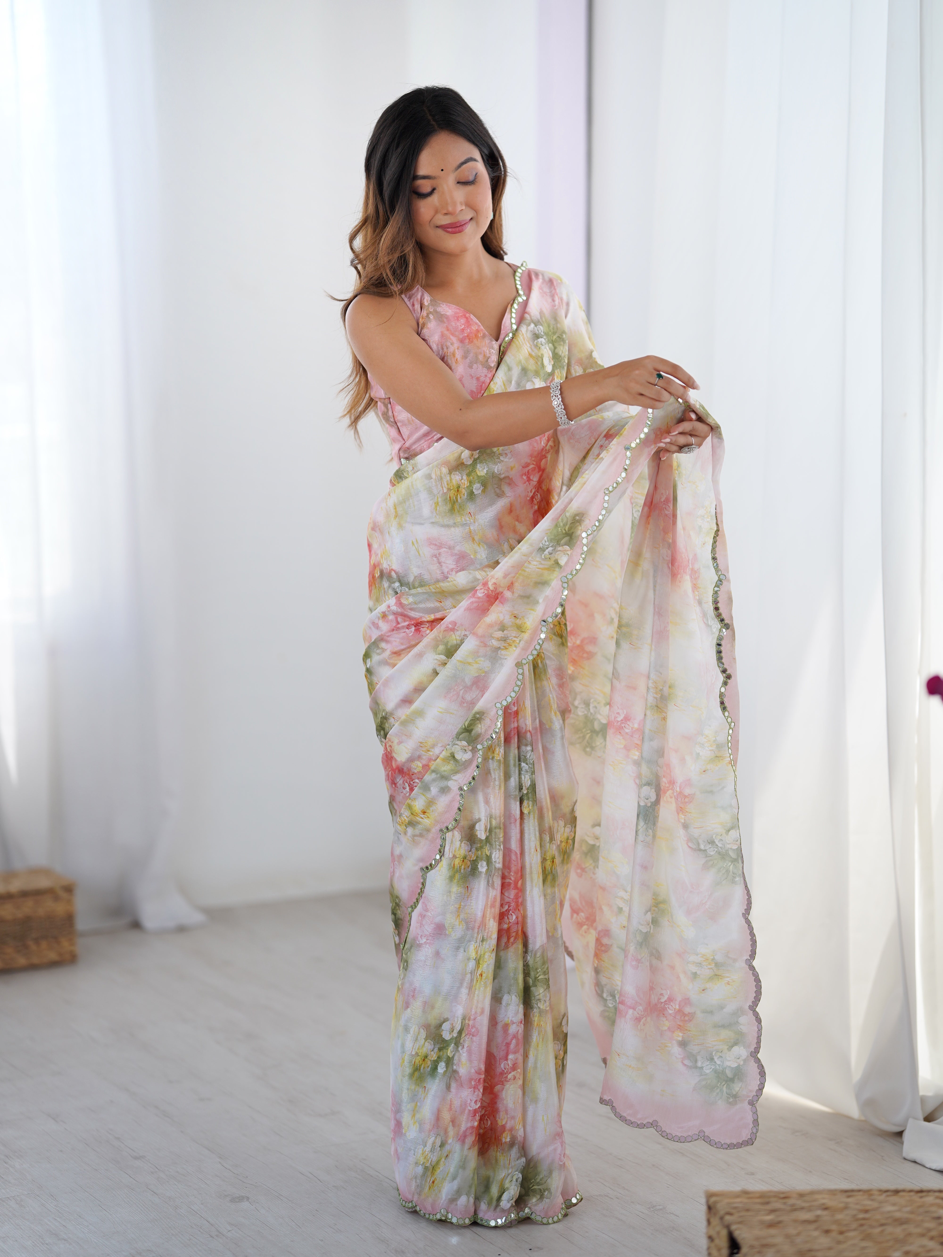 Elegant Heavy Chinnon Saree DVS-34 showcasing floral print and intricate Kutchi mirror lace border.