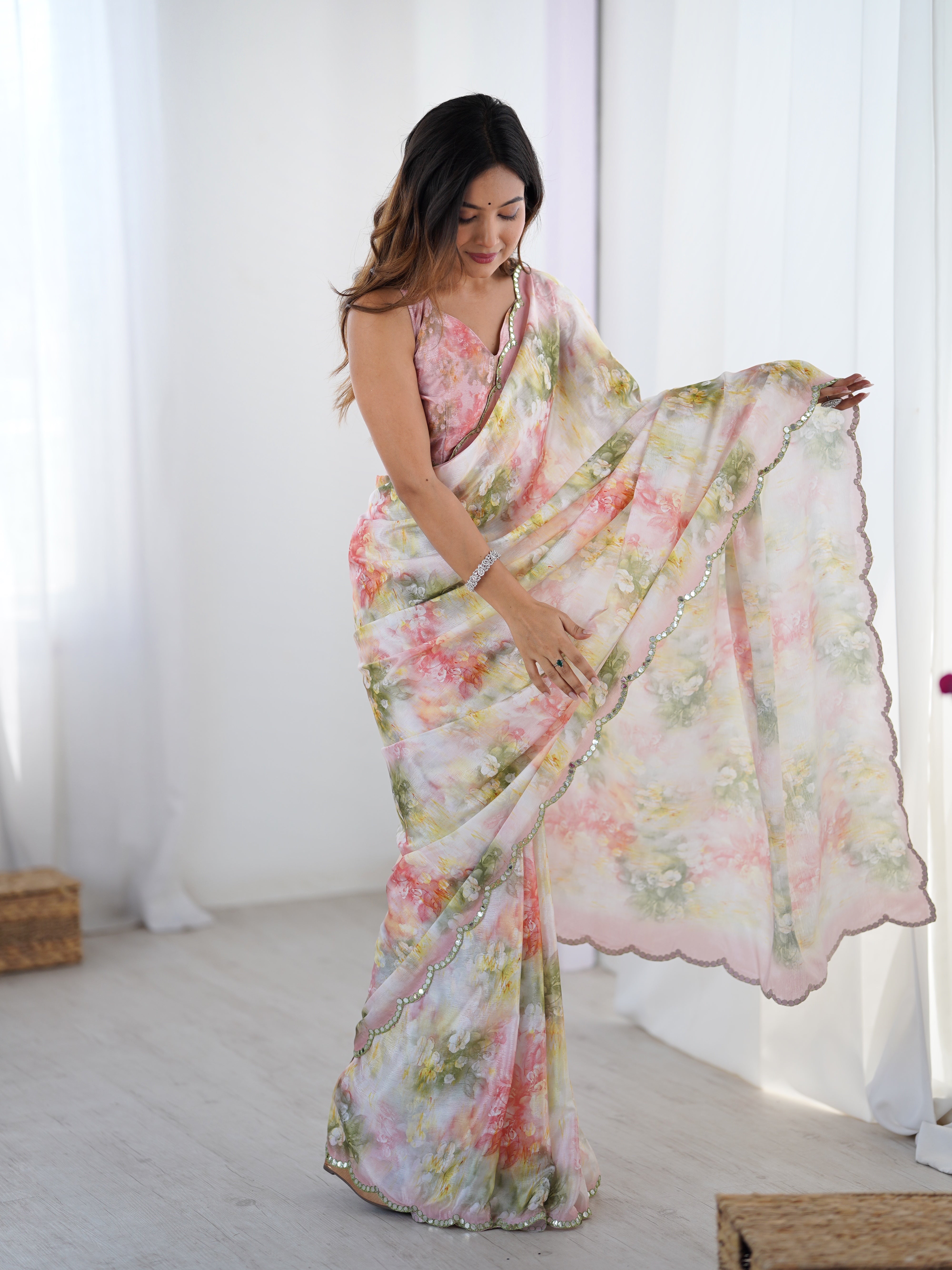 TRENDBUY Elegant Heavy Chinnon Saree with Floral Print & Kutchi Mirror Lace Border