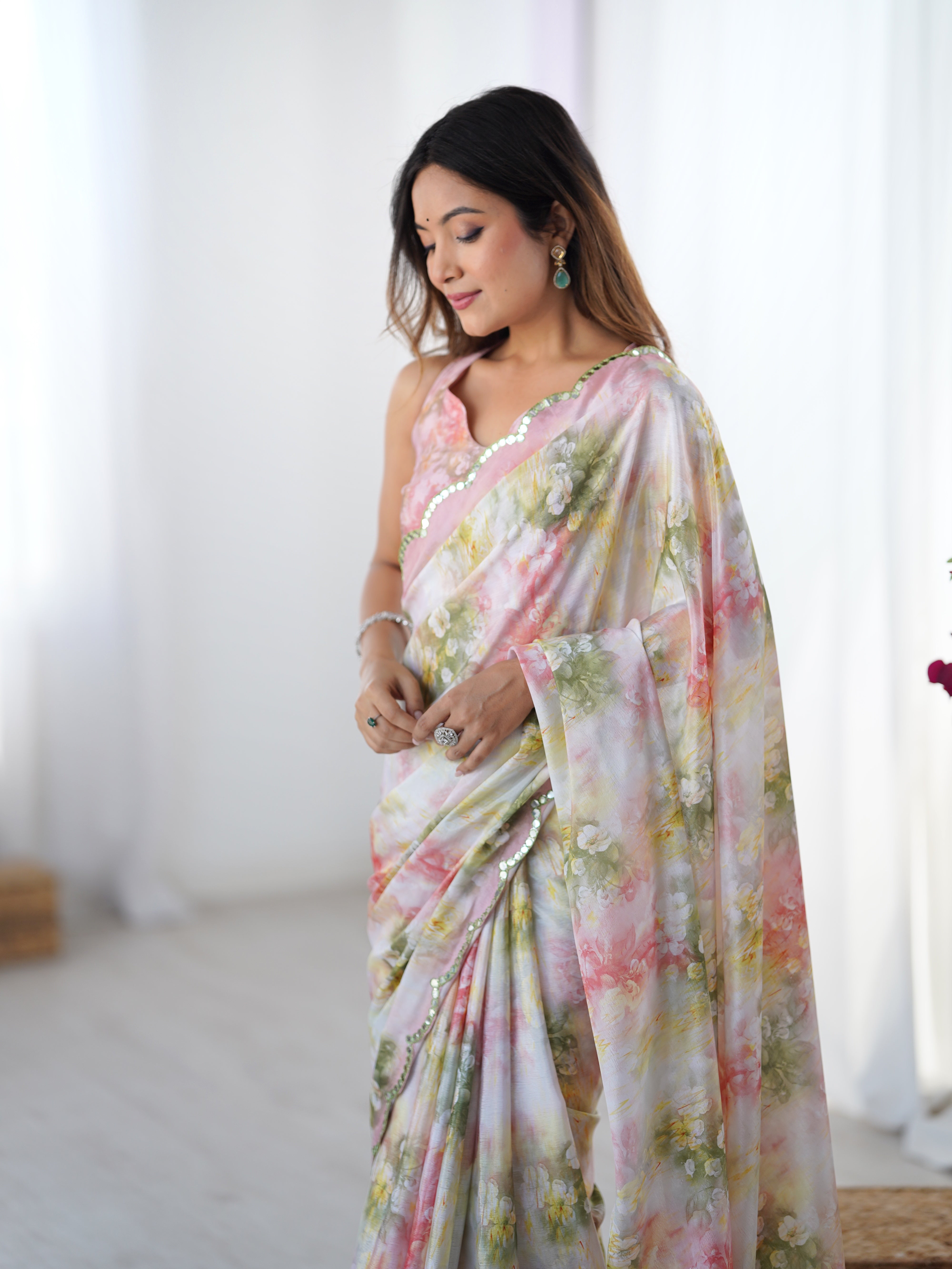 Elegant heavy Chinnon saree with floral print and Kutchi mirror lace border