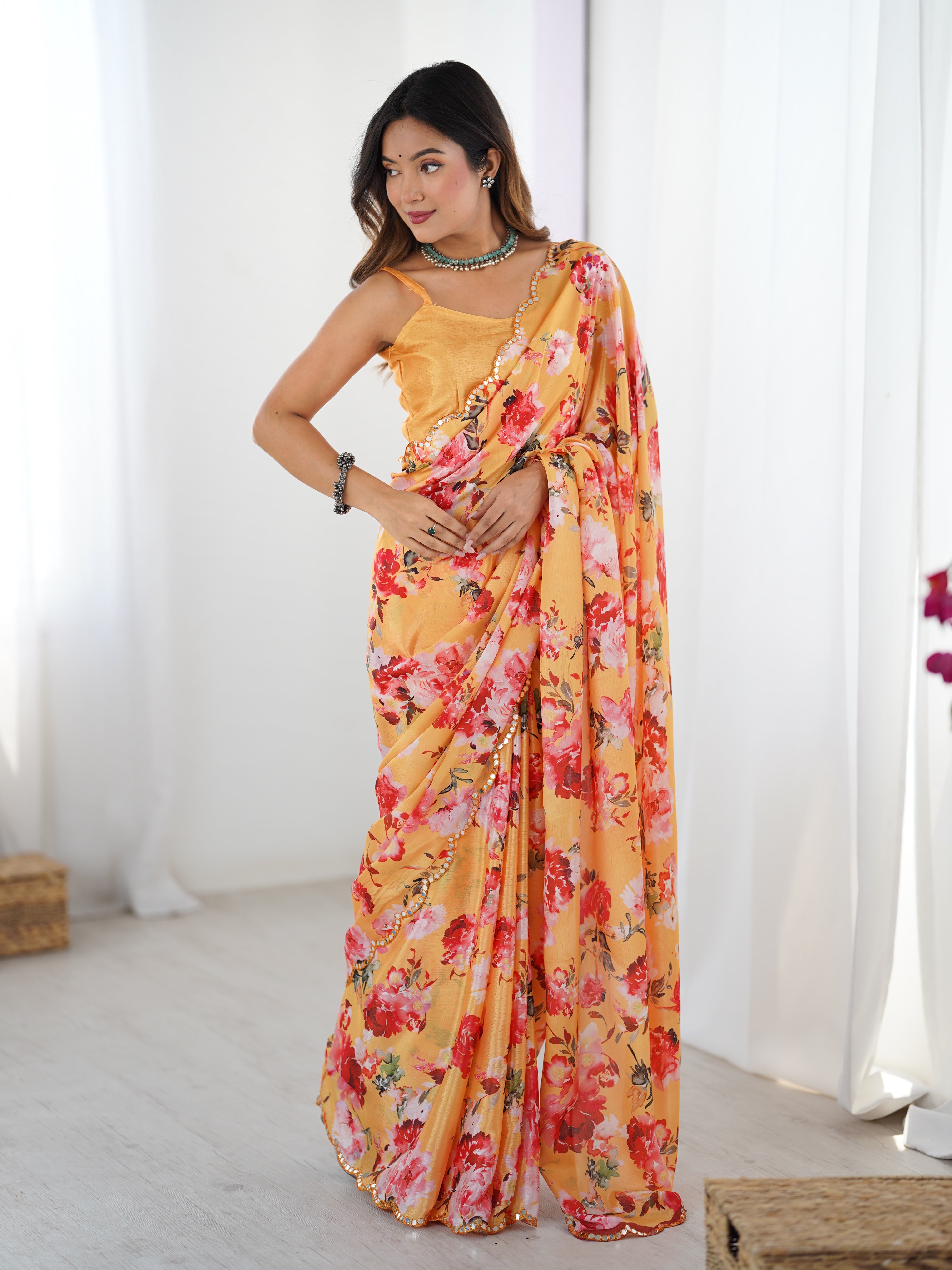 TRENDBUY DVS-35 floral print chinnon saree with Kutchi mirror work border detail