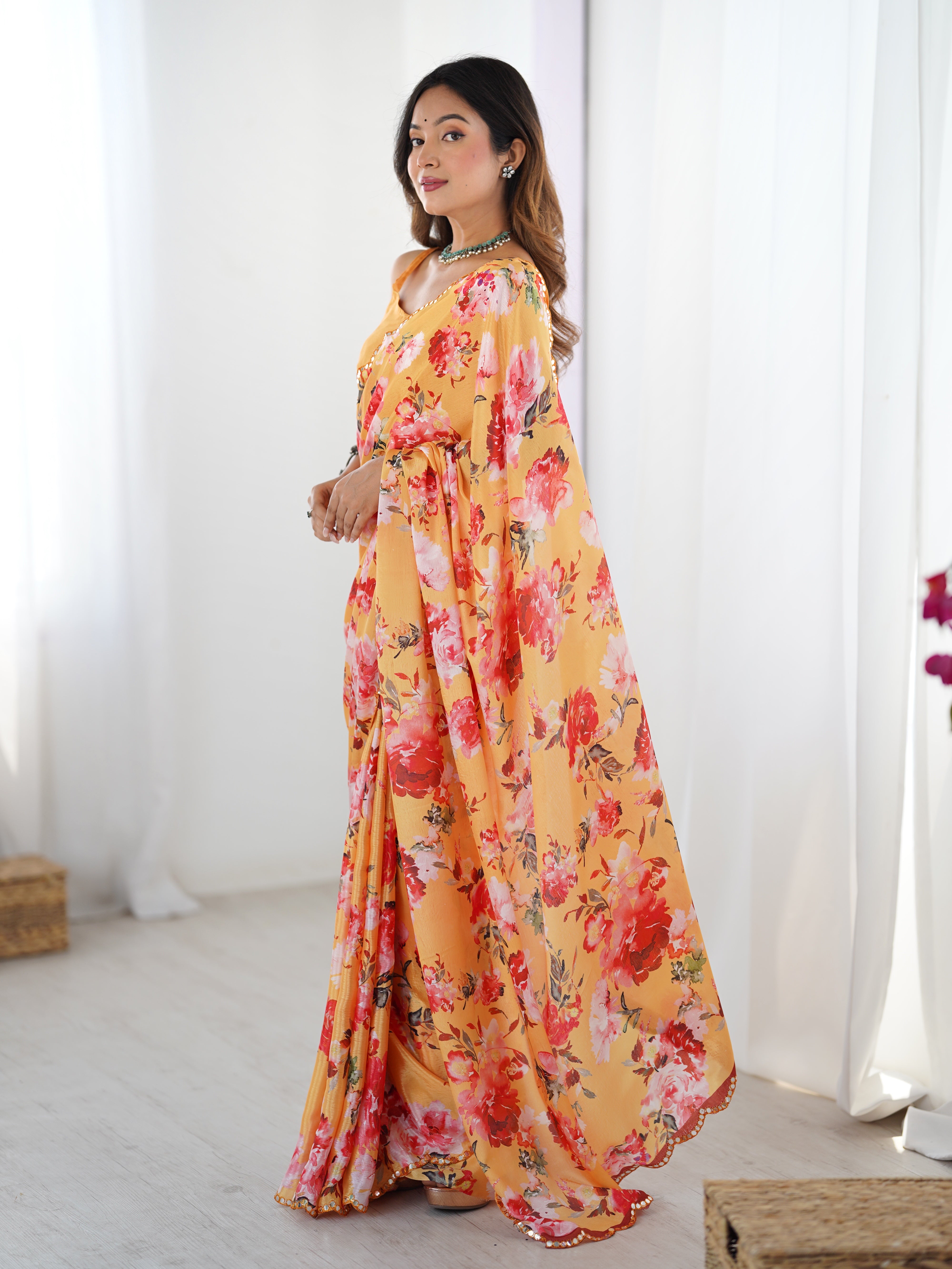 Floral print heavy Chinnon saree with Kutchi mirror work border DVS-35