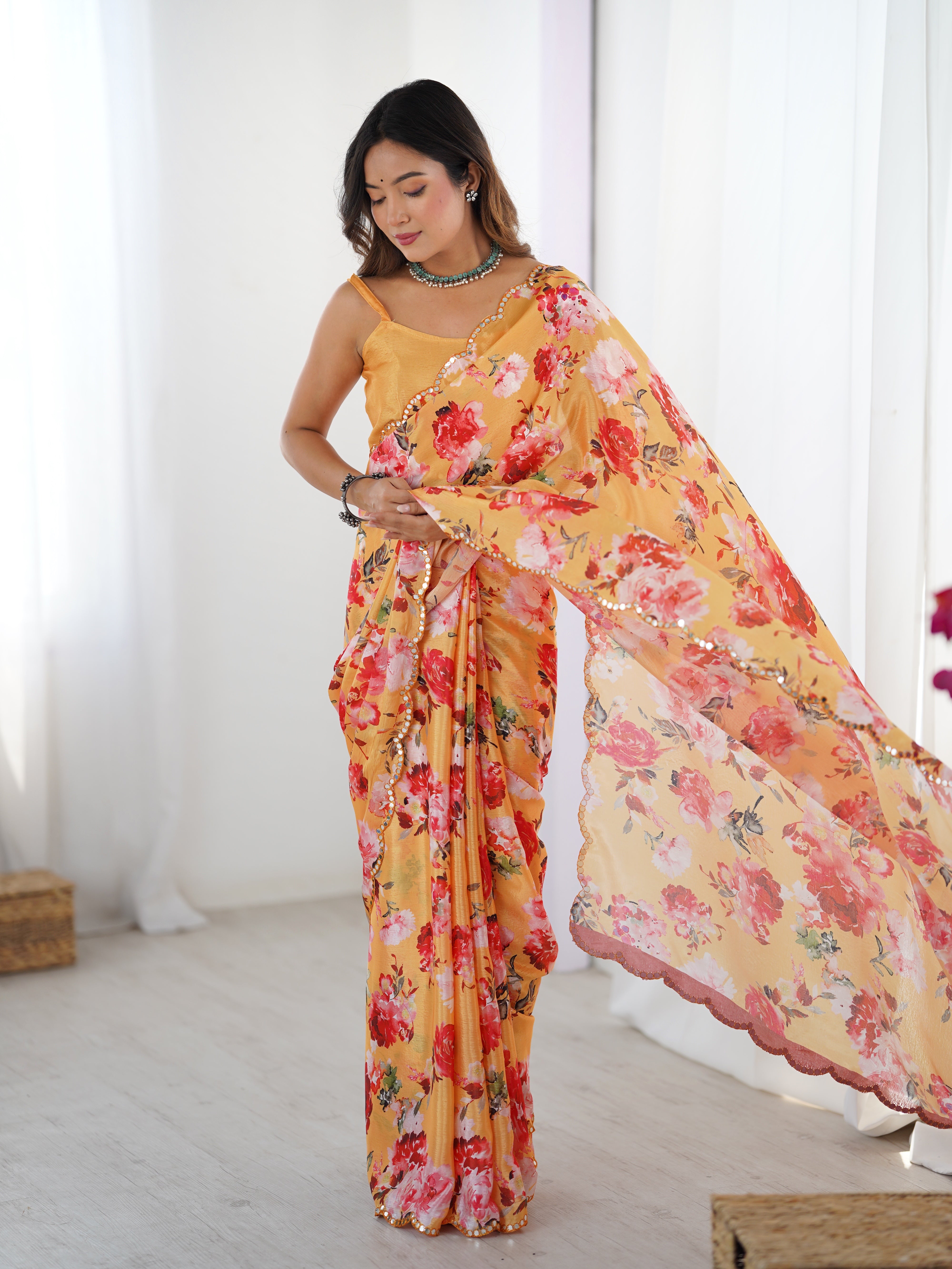 TRENDBUY DVS-35 Floral Print Heavy Chinnon Saree with Kutchi Mirror Work Border & Unstitched Blouse
